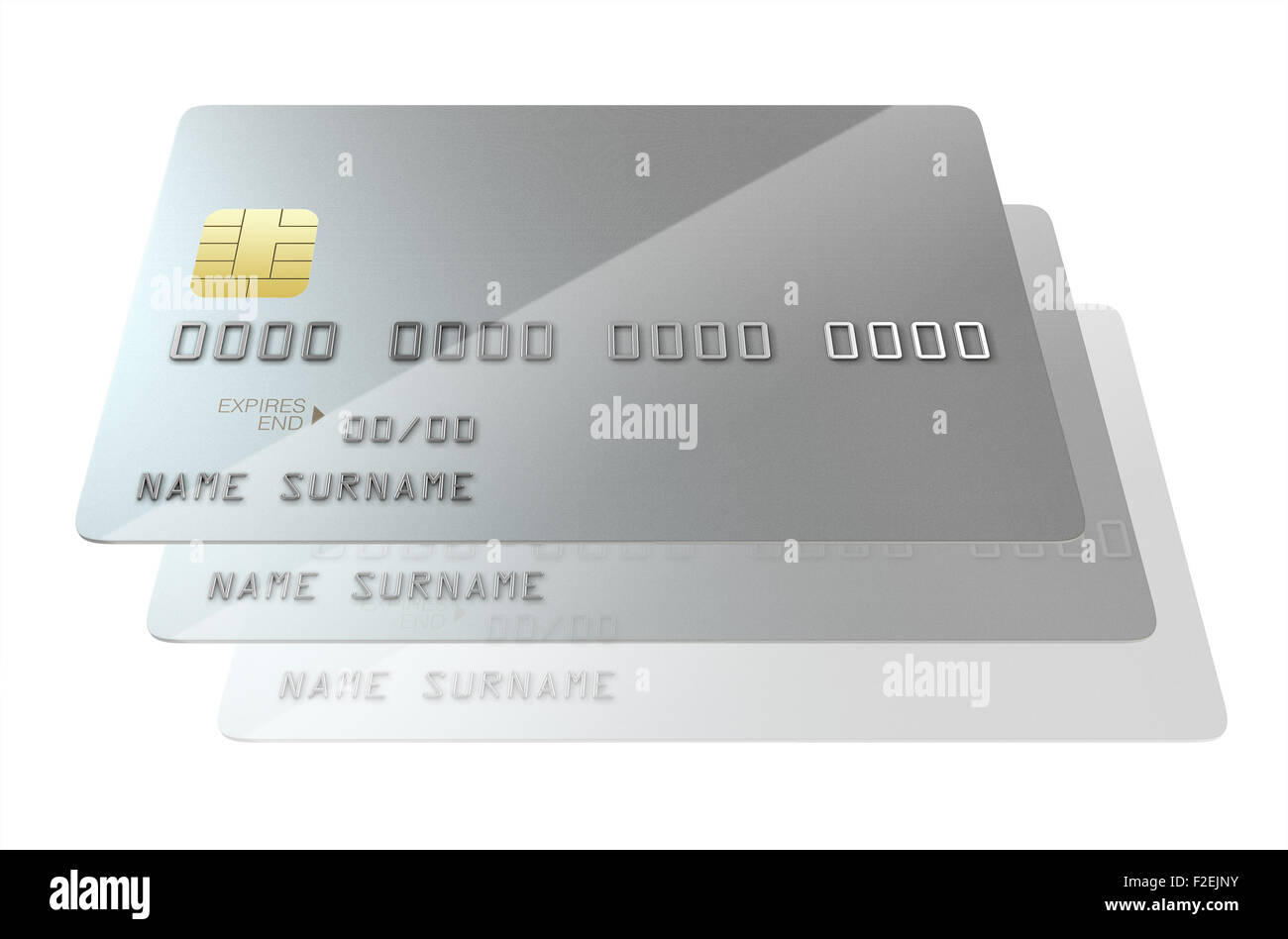 Una visión más cercana de una serie de plata blanco genérico significando la clonación de tarjetas de crédito del banco sobre un fondo blanco aislado studio Foto de stock