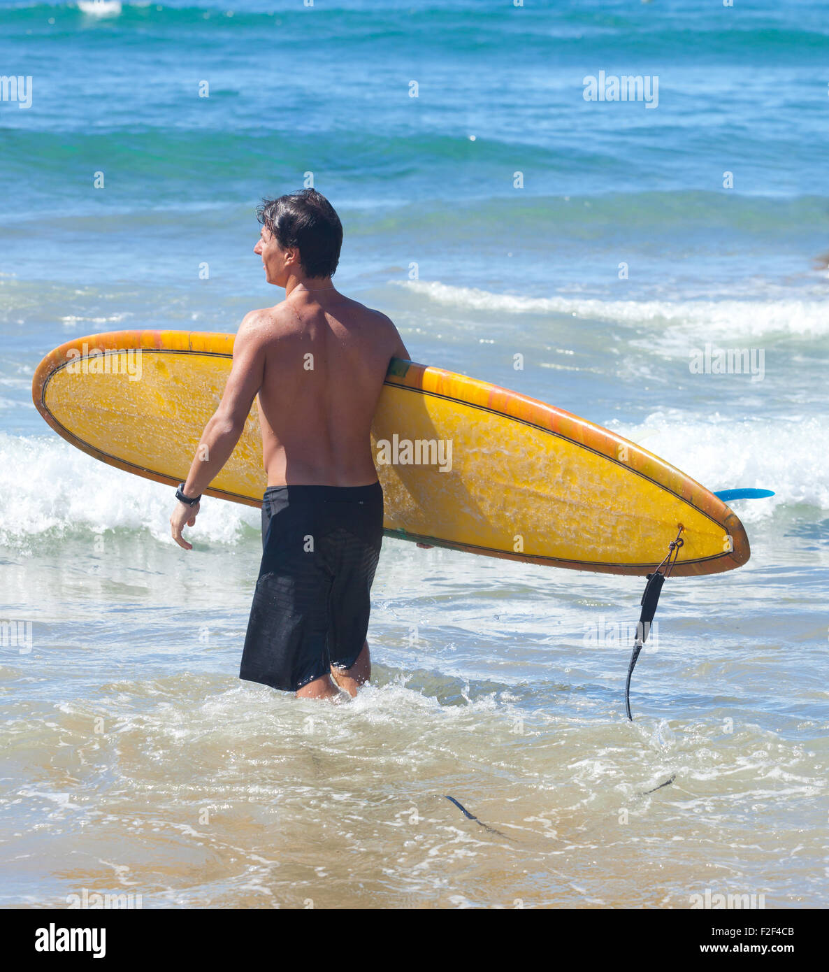 Retrato de surfista con longboard en la playa. Foto de stock