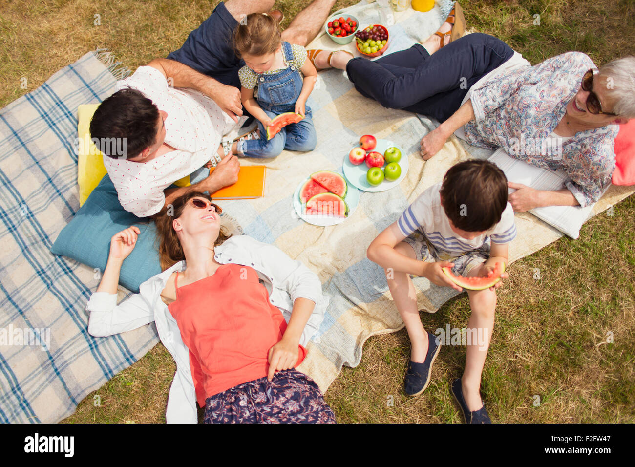 Vista aérea de la familia multi-generación disfrutando de picnic de verano Foto de stock