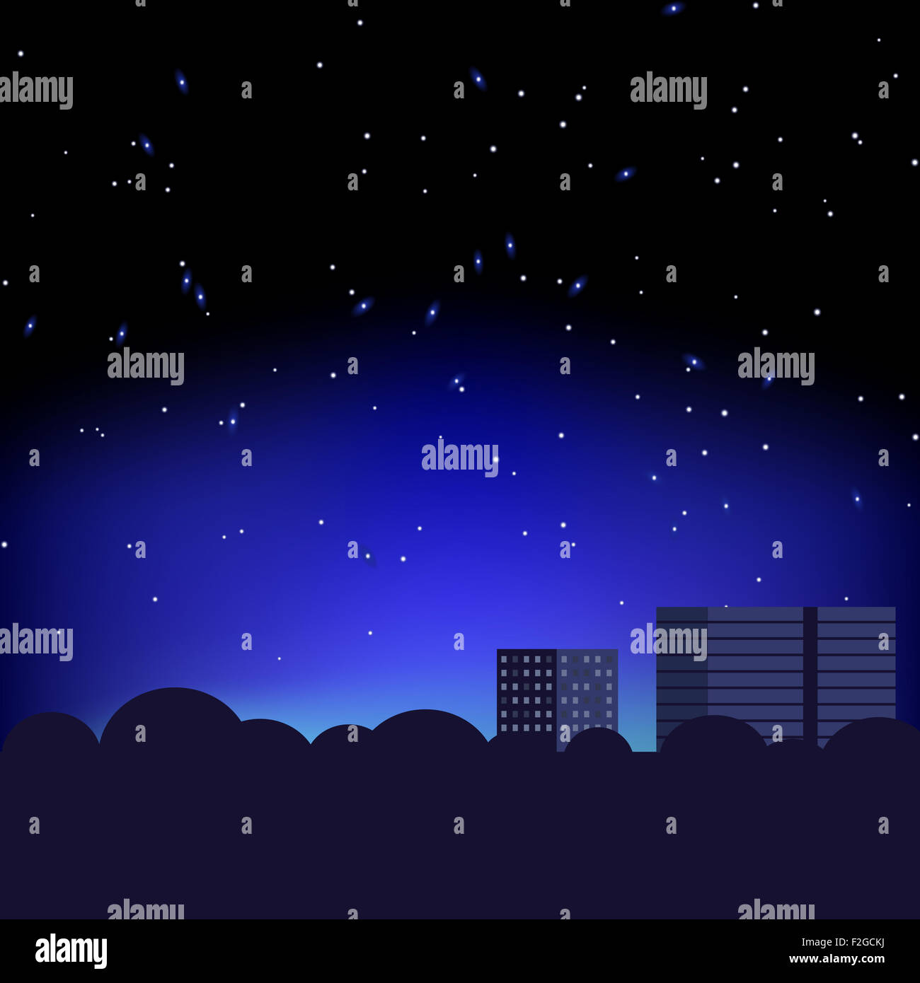 Silueta de la ciudad y el cielo nocturno con estrellas Foto de stock