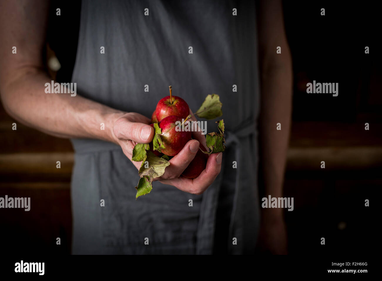 Hombre con delantal kitch delante del armario de la cocina y la celebración de las manzanas en su mano Foto de stock