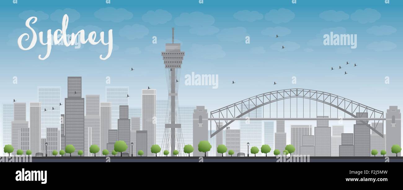 El horizonte de la ciudad de Sydney con el cielo azul y los rascacielos. Ilustración vectorial Ilustración del Vector