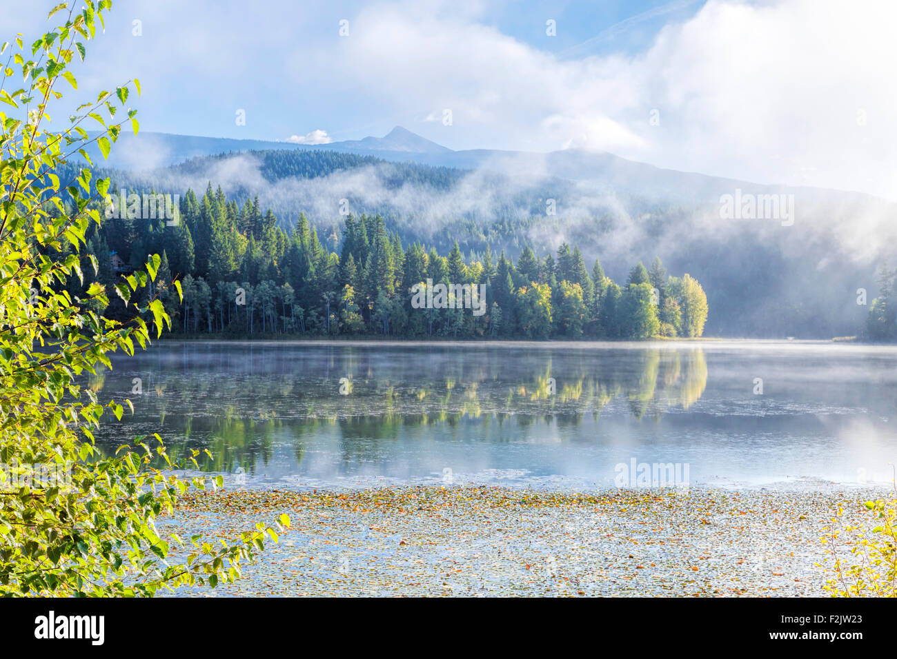Amanecer brumoso y Scénic reflexiones sobre el lago holandés en Clearwater, British Columbia, Canadá, América del Norte. Foto de stock