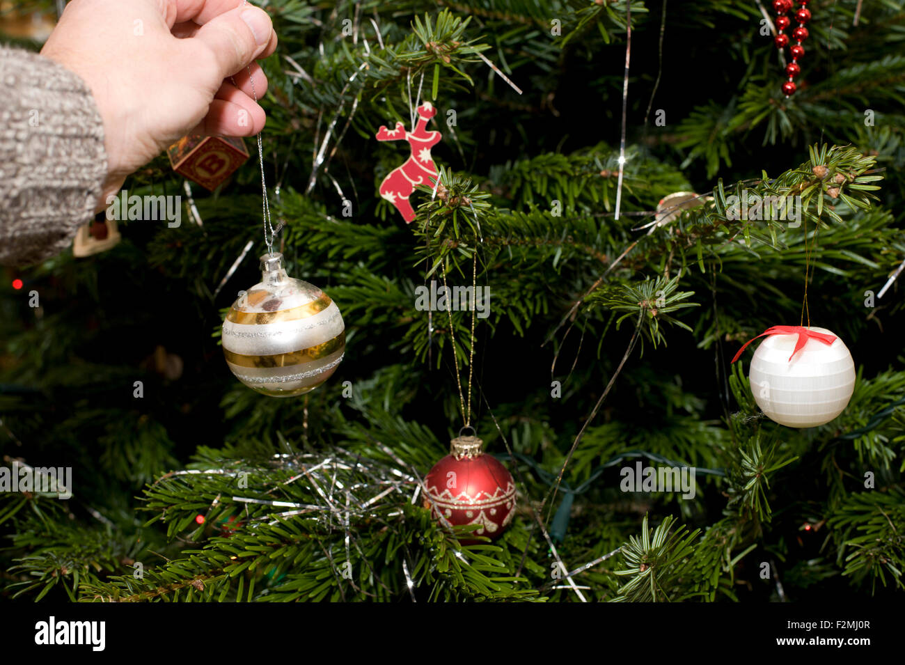 Cerrar imagen mostrando un hombre colgado de una mano de adornos de oro y plata en un tradicional árbol de navidad Foto de stock