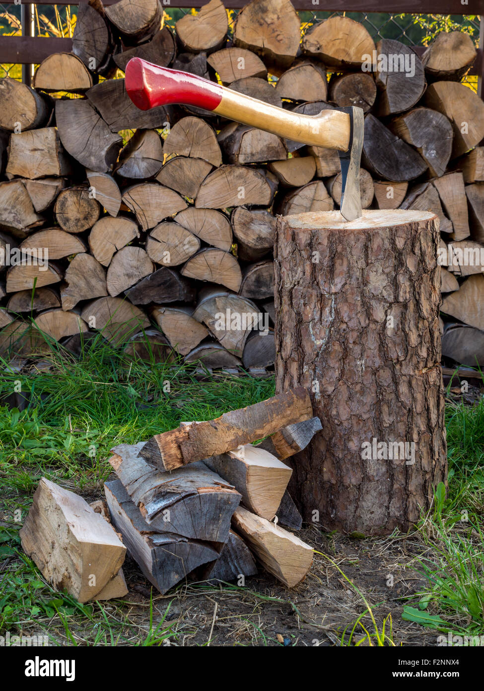 Hacha de picar el bloque con troncos cortados Foto de stock
