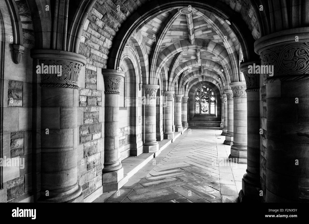 El Roxburghe Memorial claustro. La abadía de Kelso. Escocia. Blanco y negro Foto de stock