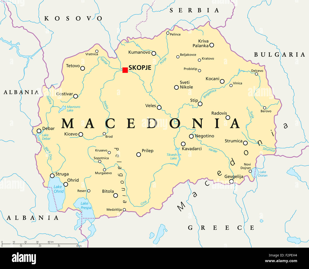Macedonia mapa político con capital Skopje, las fronteras nacionales