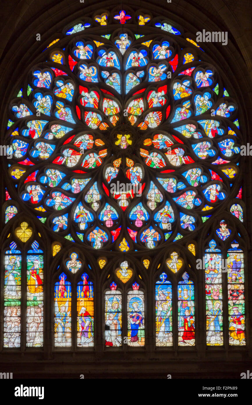 Noth Crucero,manchadas glas,la catedral de Saint Etienne, Sens, Yonne, Borgoña, Francia Foto de stock