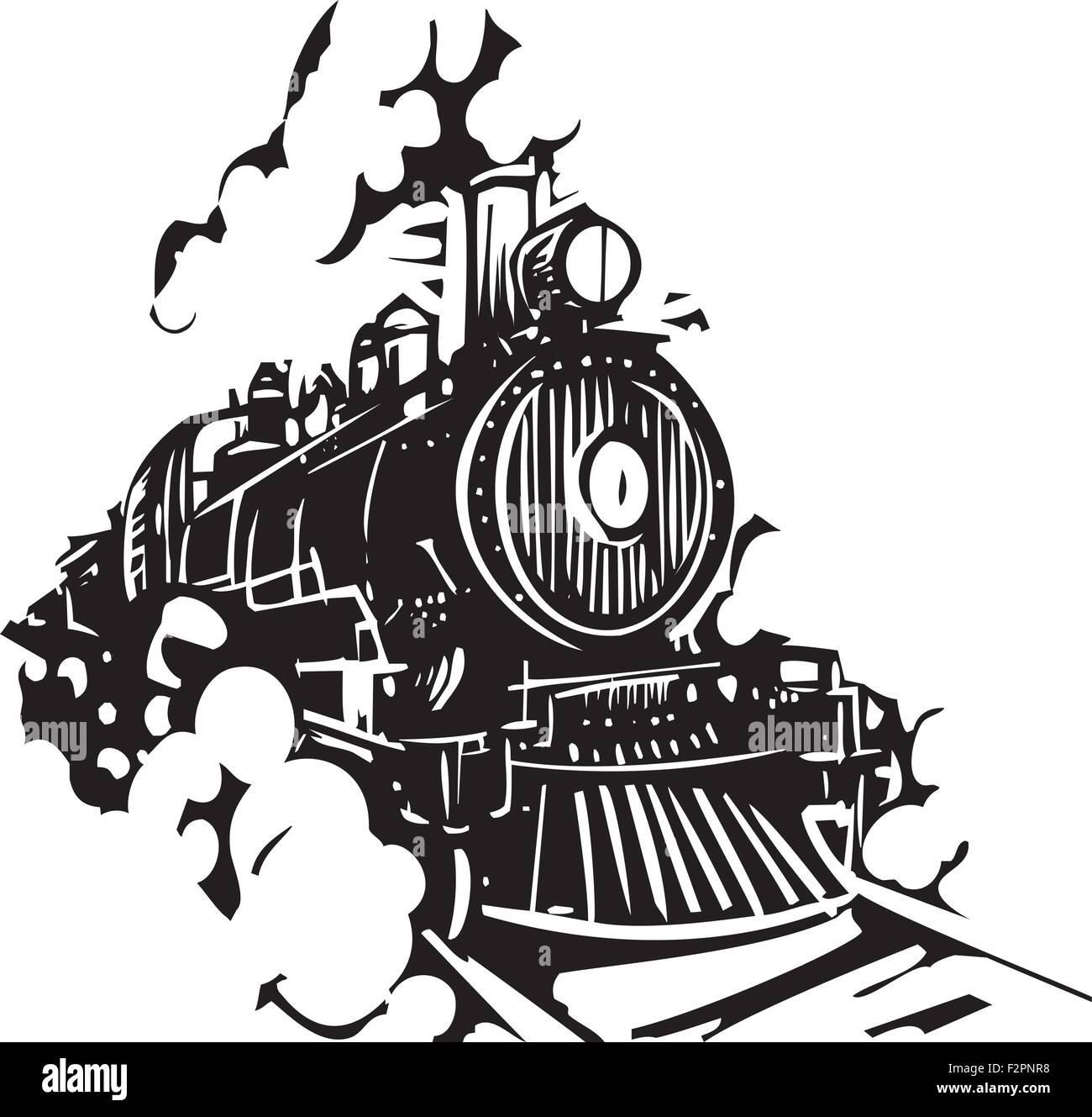 Xilografía imagen de estilo de un ferrocarril locomotora viniendo hacia el  espectador Imagen Vector de stock - Alamy