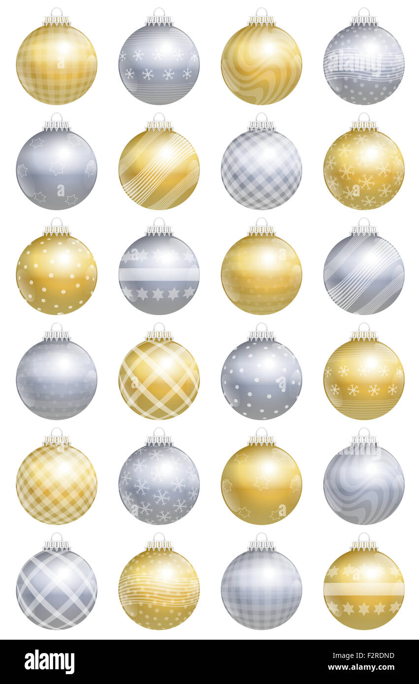 Bolas de Navidad, el oro, la plata, satinado, ornamentos y diferentes patrones, veinticuatro temas, para un calendario de adviento. Foto de stock