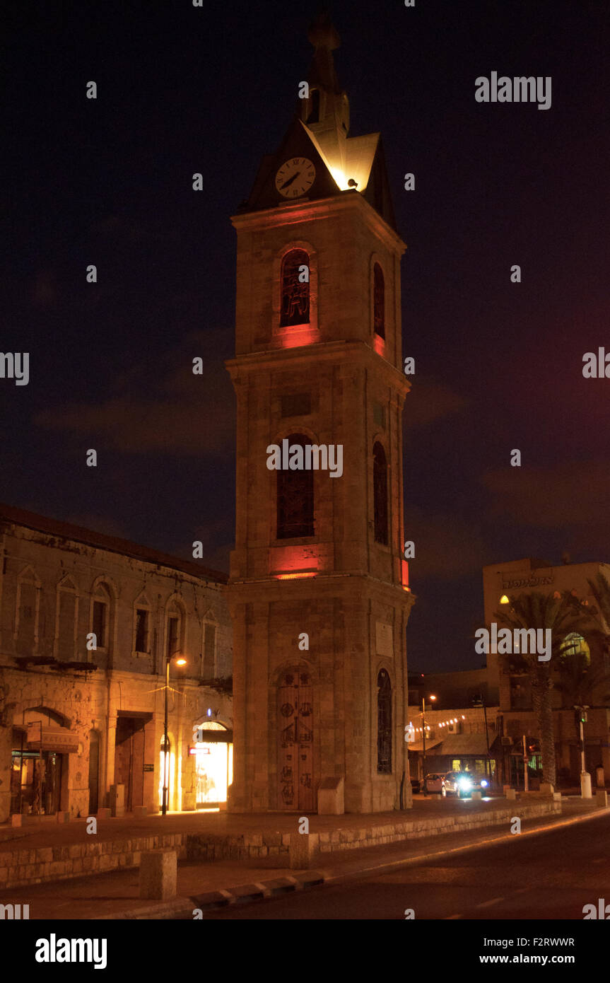 Noche de verano, la Torre del Reloj de Jaffa, Yafo, Tel Aviv, Israel Foto de stock
