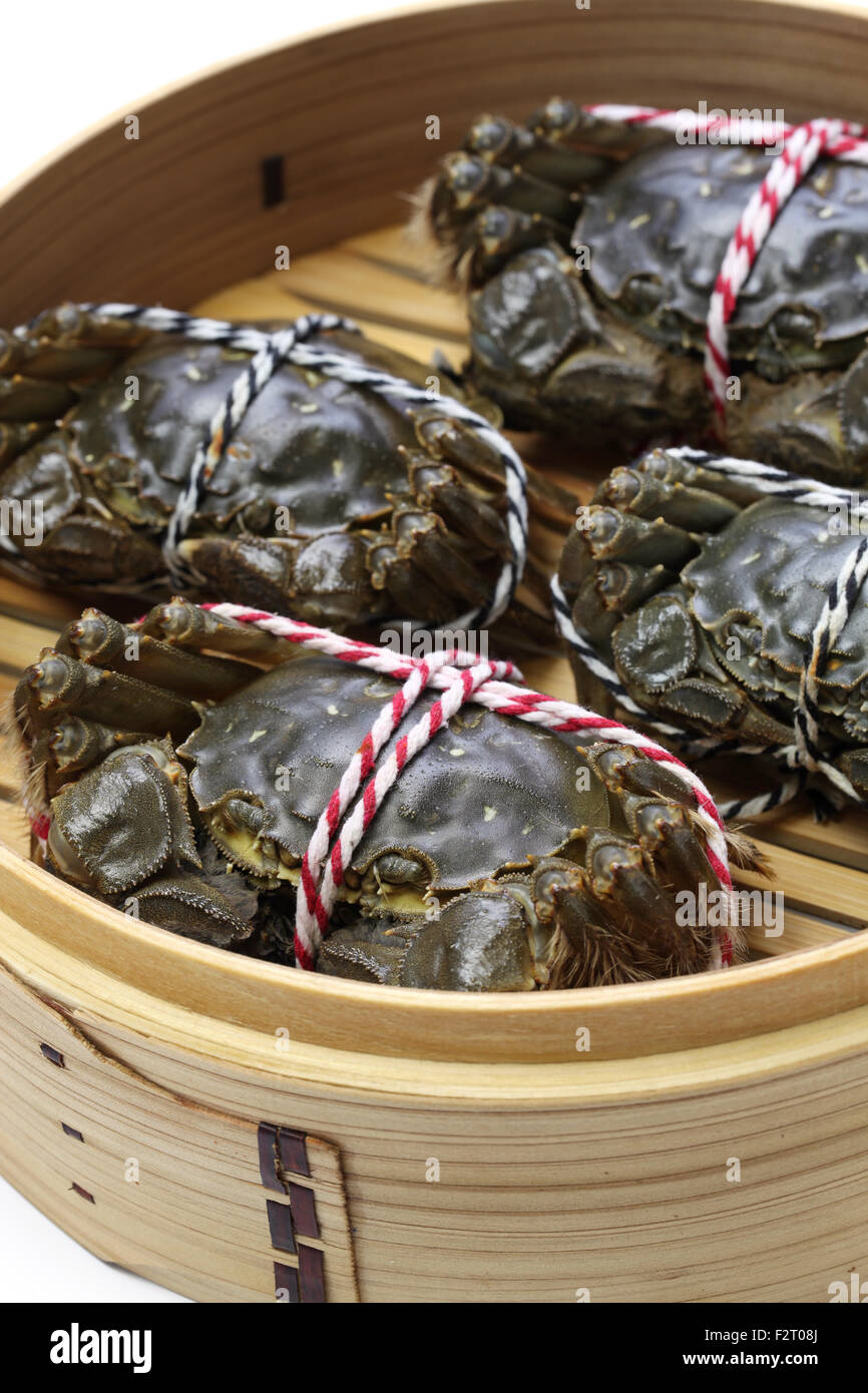 Raw cangrejo guante chino, Shanghai cangrejo peludo en la vaporera de bambú Foto de stock