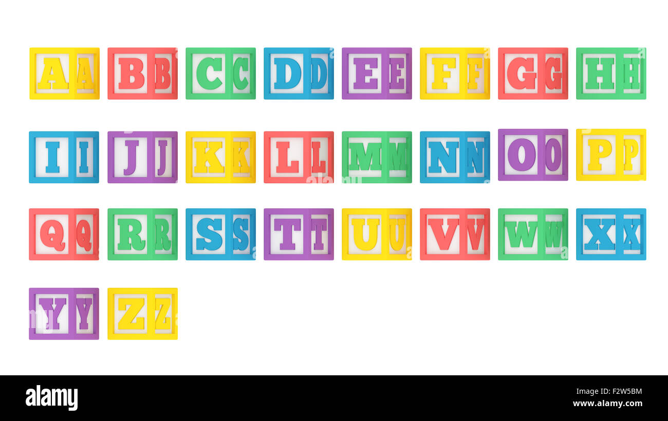 Completa carta ABC angulado alfabeto bloque aislado sobre un fondo blanco. Foto de stock