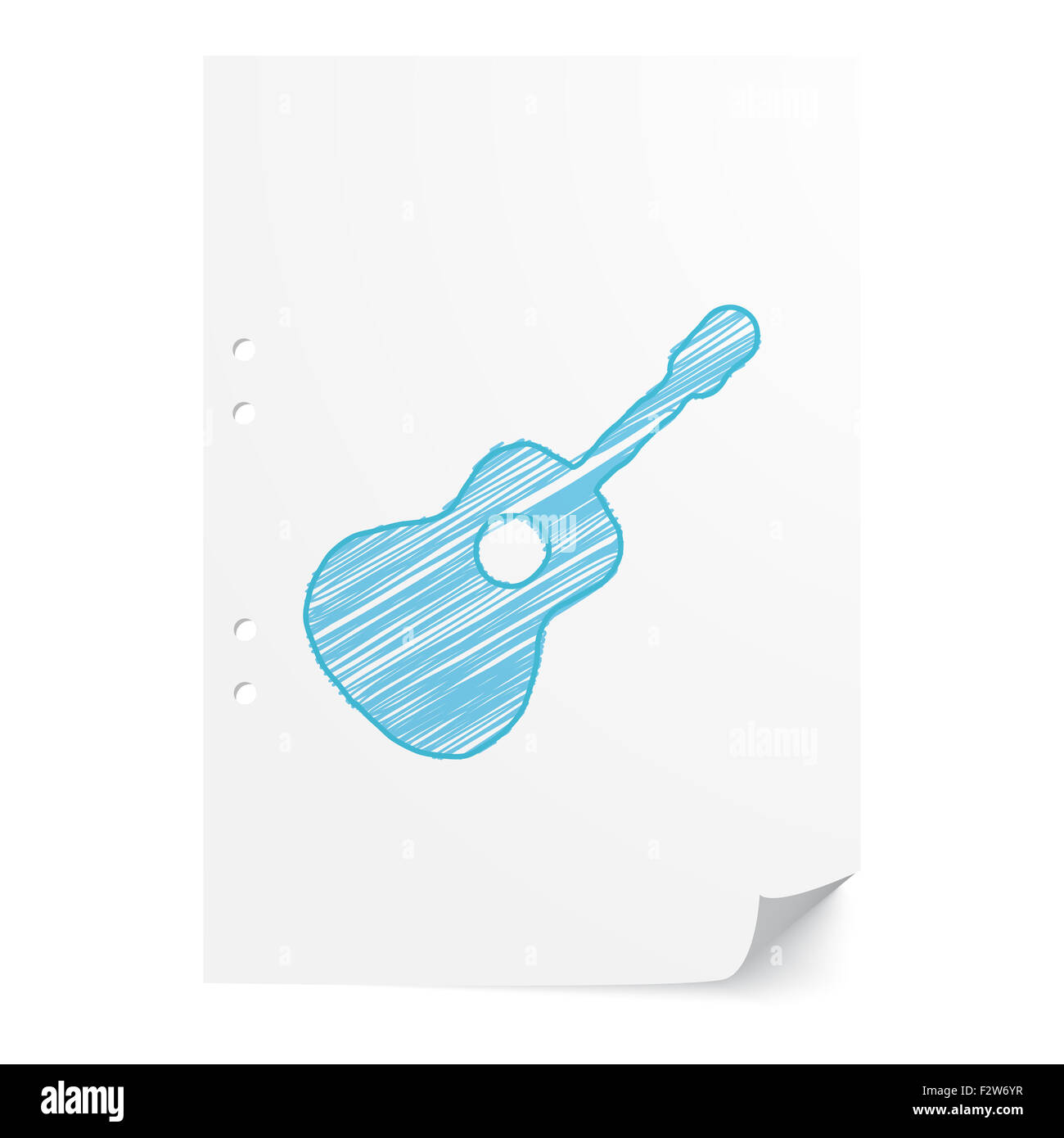 Ilustración de guitarra handdrawn azul sobre papel blanco hoja con