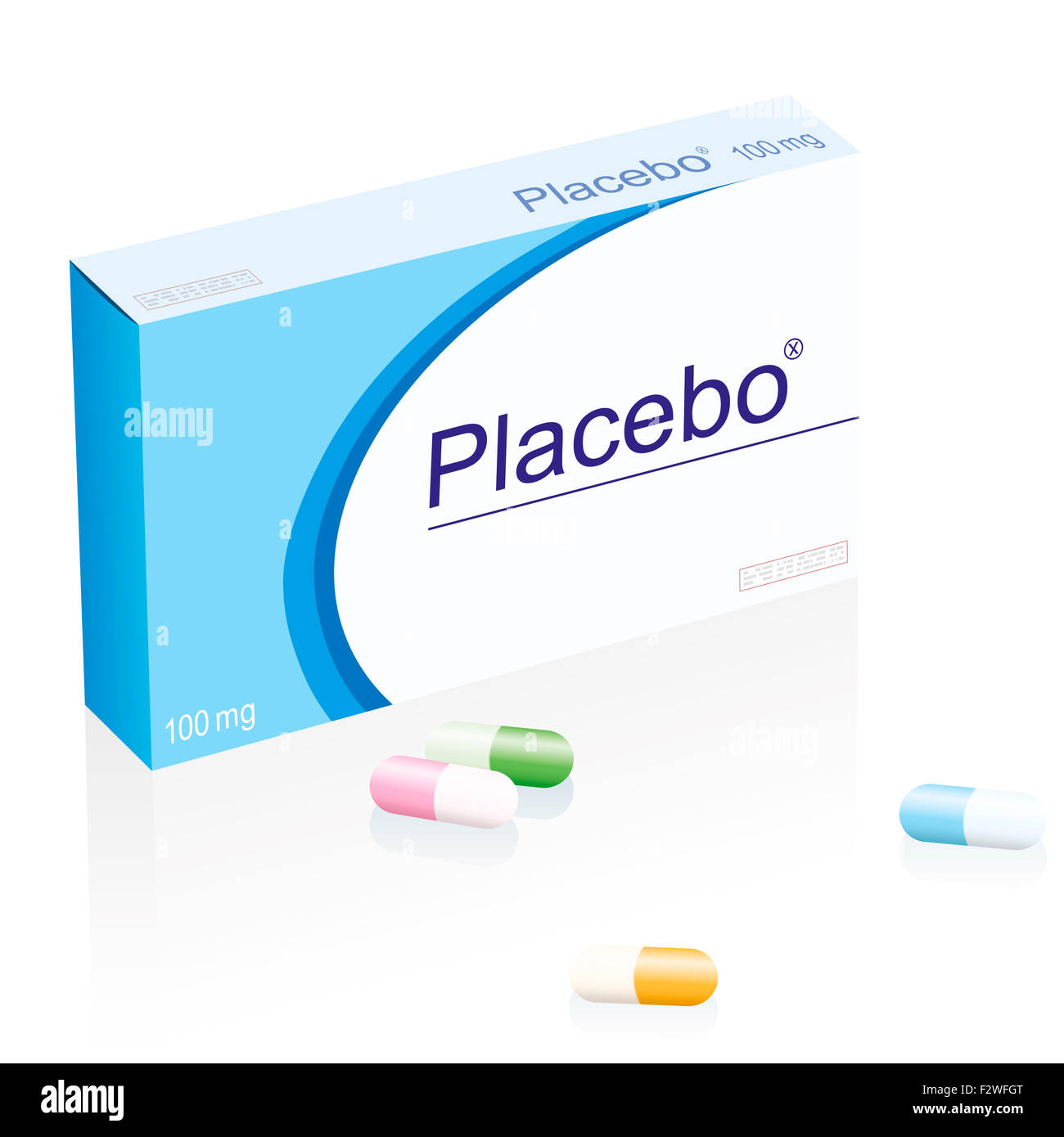 Paquete de medicina placebo con coloridas cápsulas, un producto falso médico. Foto de stock