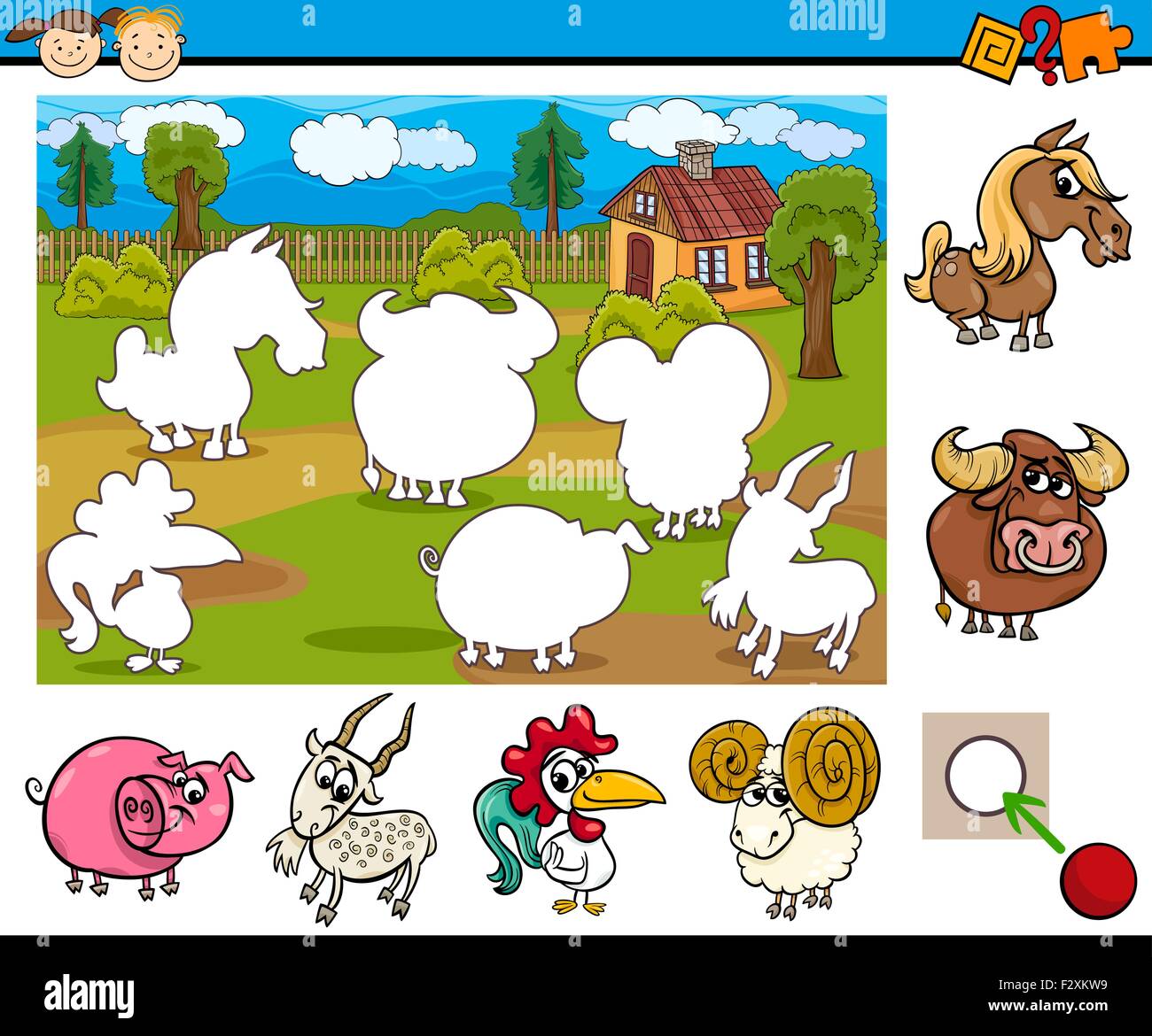 Ilustración de dibujos animados de la tarea educativa para niños  preescolares con personajes de animales de granja Imagen Vector de stock -  Alamy