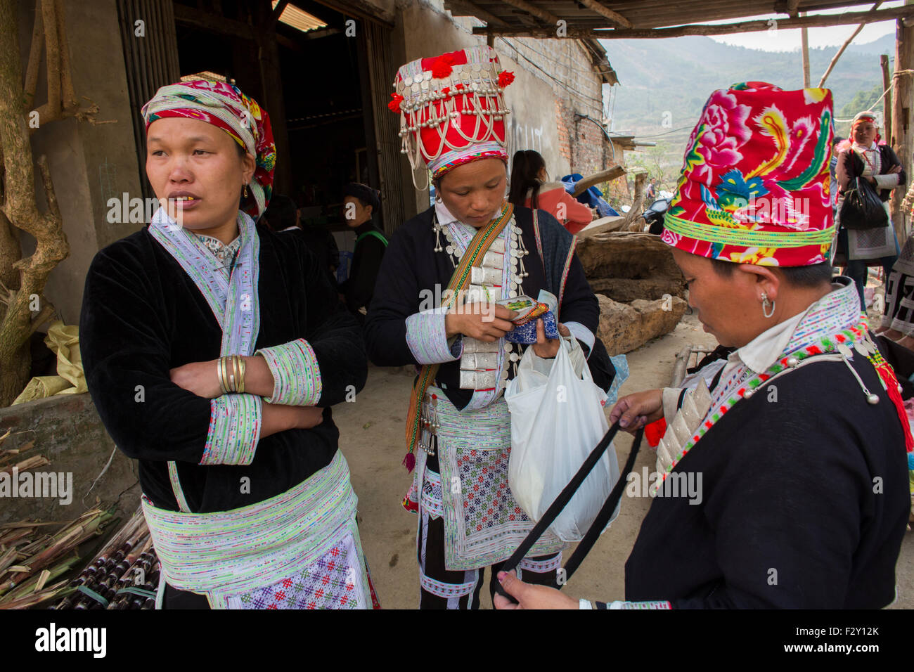 Tribu de la etnia Hmong los Dzao 'Rojo' en el norte de Vietnam. Foto de stock