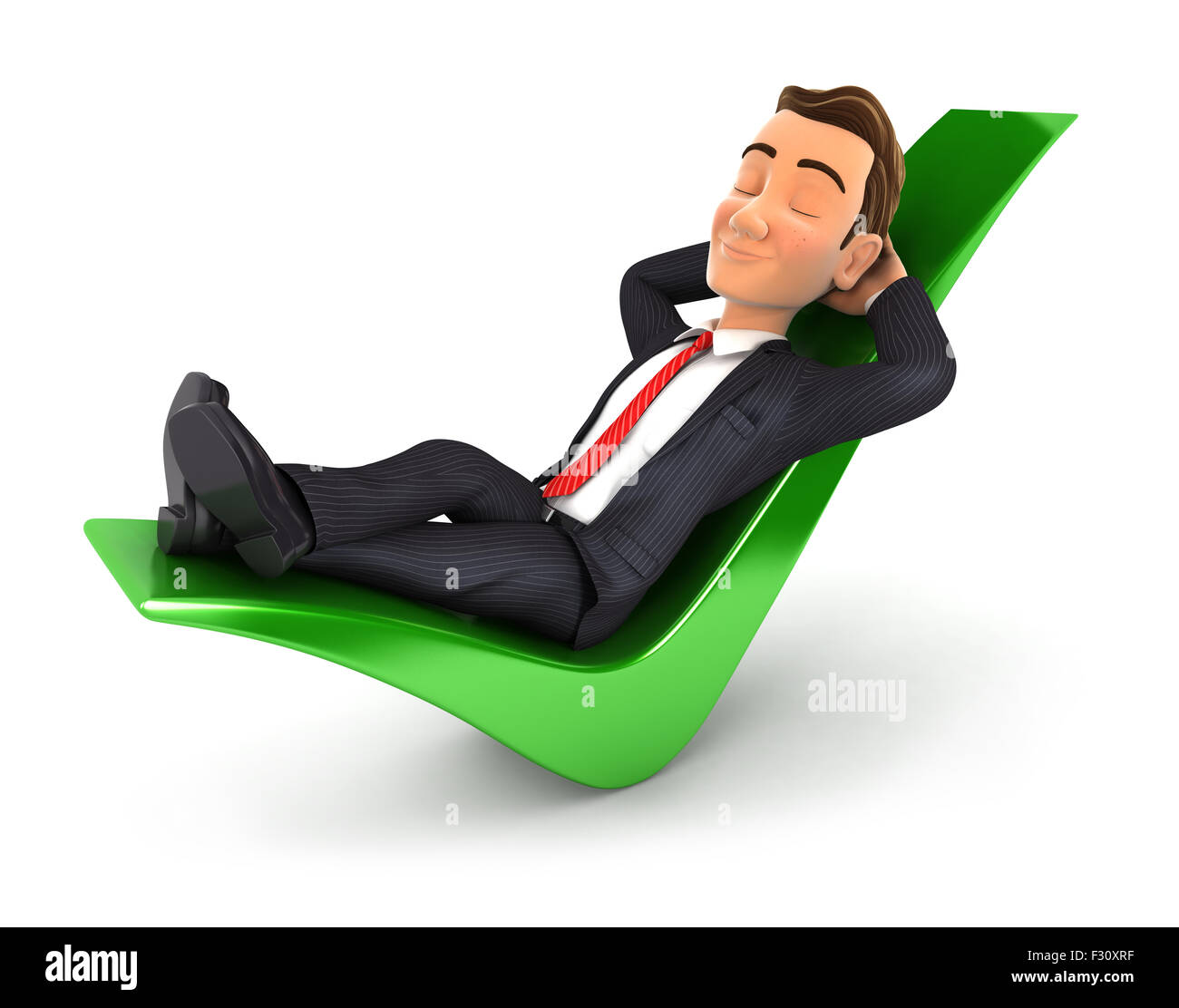 3d empresario relajado en una marca de verificación, aislado fondo blanco. Foto de stock