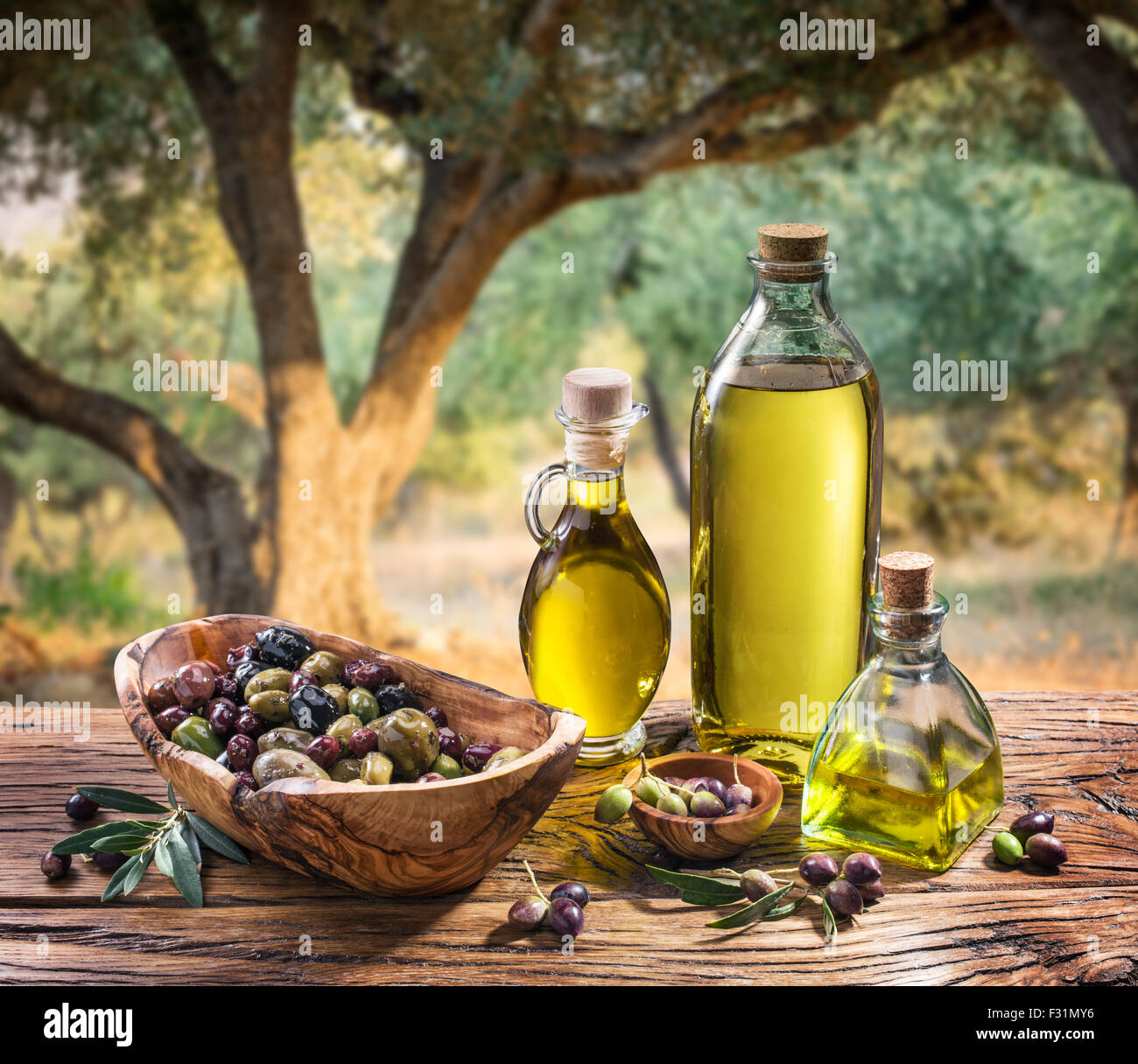 Las aceitunas y el aceite de oliva en una botella en el fondo de la noche olivar. Foto de stock