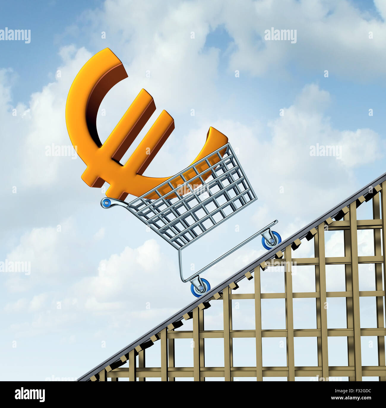 Aumento de moneda euro concepto financiero como un icono de dinero europeo tridimensional en un shopping cart subiendo una montaña rusa como Foto de stock