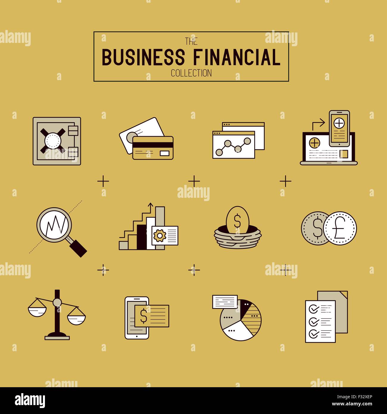 Empresarial, financiero conjunto de iconos. Una colección de iconos financieros oro incluyendo herramientas de mercado, gráficos de barras y cambio de divisas. Ilustración del Vector