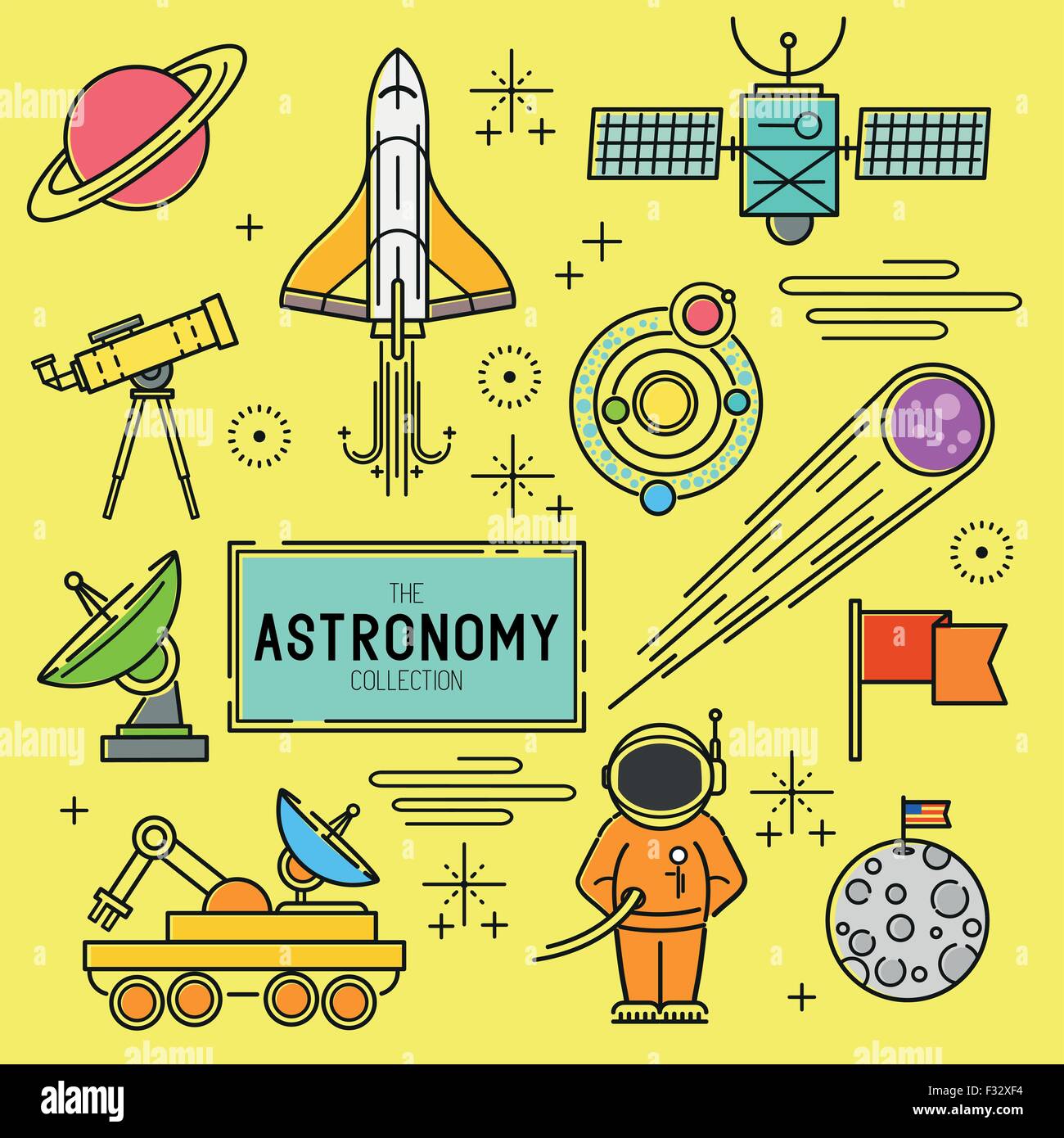 Astronomía Vector Conjunto de iconos. Una colección de iconos de la línea temática espacial incluyendo un planeta, cohete, spaceman y sistema solar. Ilustración del Vector