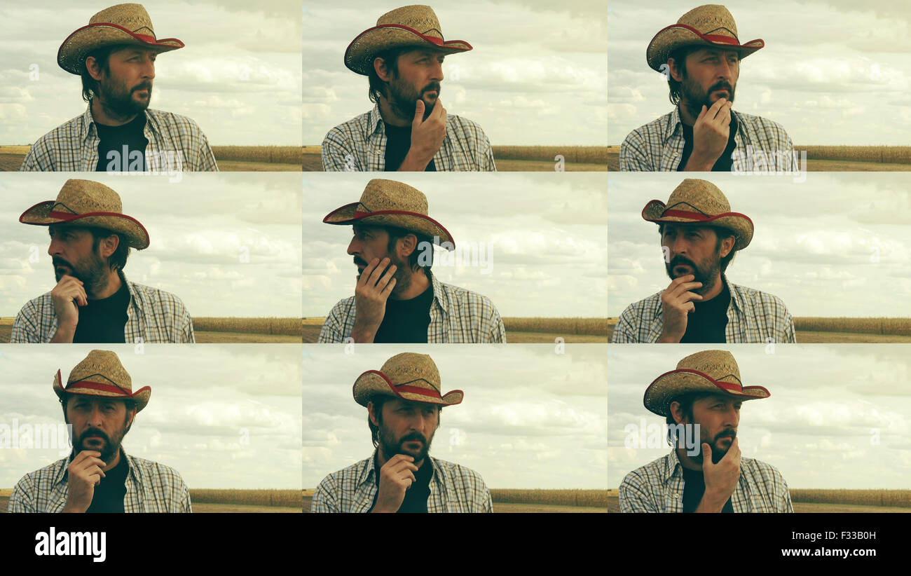 Planificación de nuevos agricultores interesados en la temporada de siembra, agricultor con sombrero de paja en el campo cultivado, secuencia de imágenes collage Foto de stock