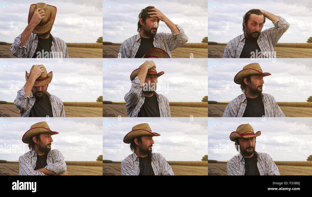 Planificación de nuevos agricultores interesados en la temporada de siembra, agricultor con sombrero de paja en el campo cultivado, secuencia de imágenes collage Foto de stock