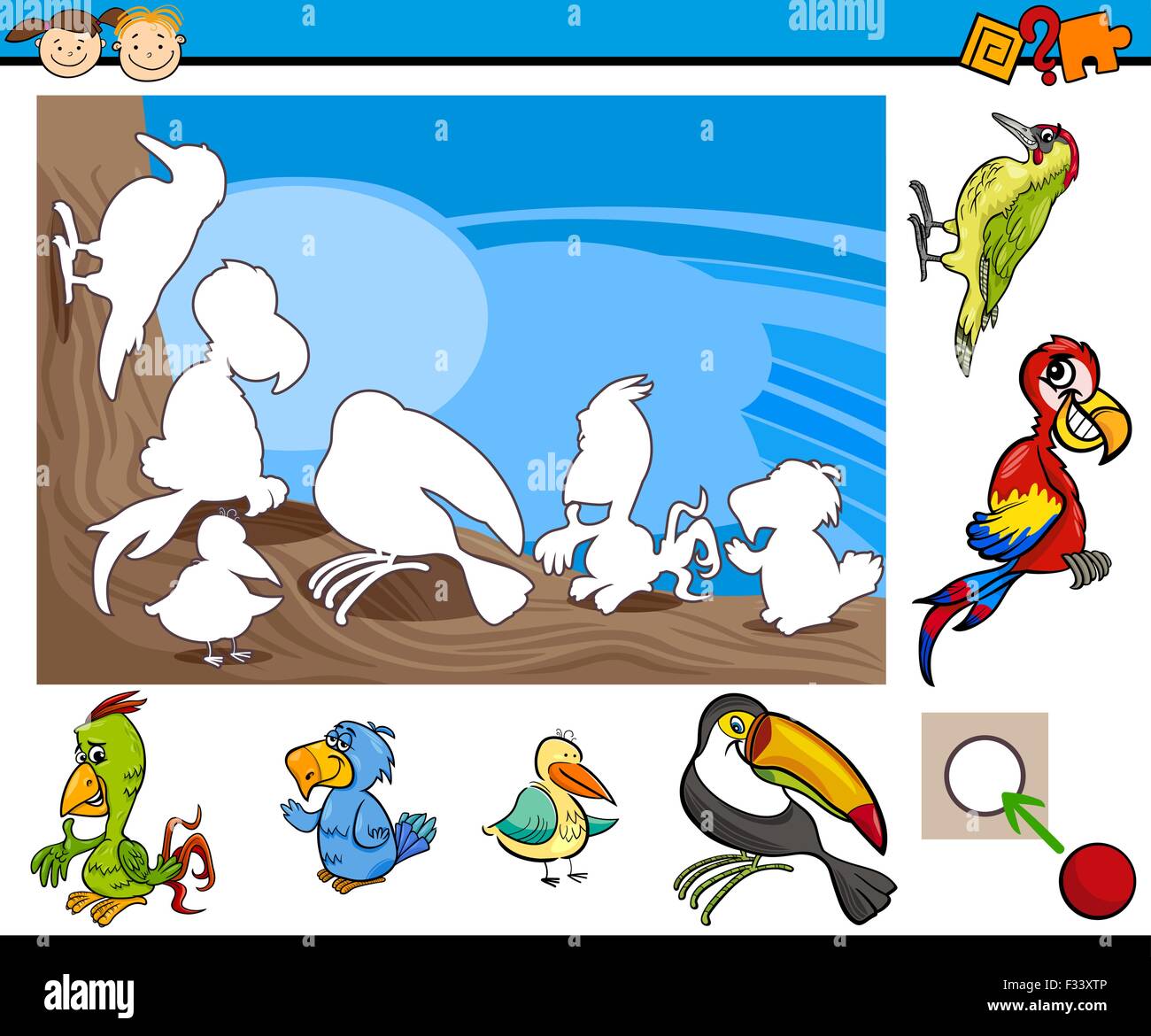 Ilustración de dibujos animados de juego educativo para niños de edad  preescolar con aves personajes de animales Imagen Vector de stock - Alamy