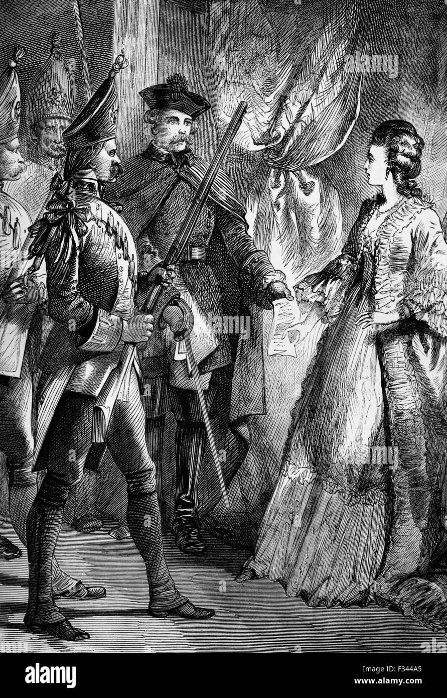 Tras un romance con Johann Friedrich Struensee, el médico real, la Reina Carolina Matilde de Dinamarca, hermana de George III, fue detenido en medio de la noche entre el 16 y el 17 de enero en el Castillo Christiansborg, en Copenhague. Foto de stock