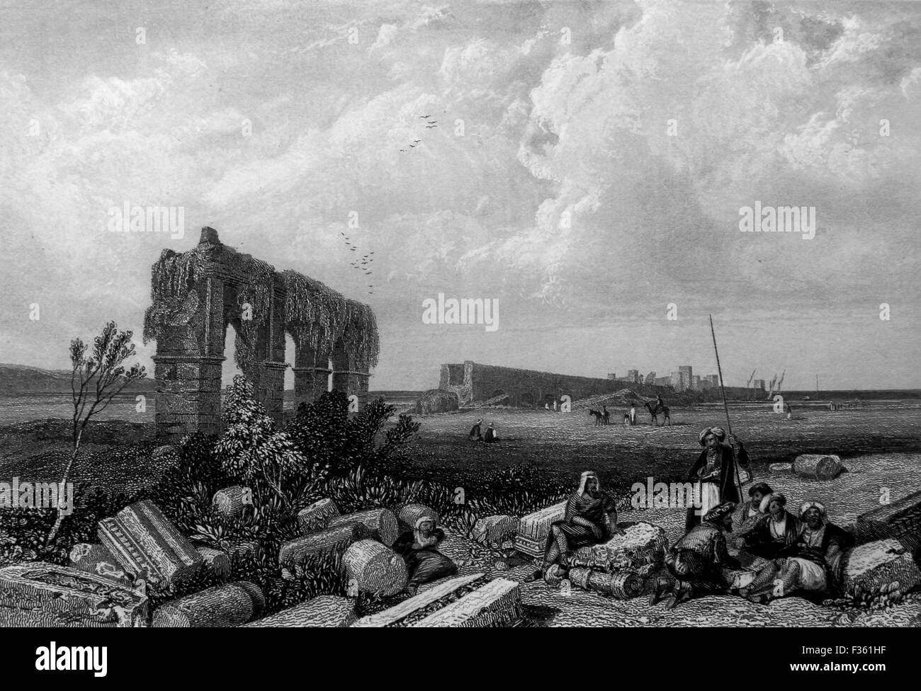 Las Ruinas de Tiro ahora en el Líbano moderno. Ilustración en blanco y negro de paisajes de la Biblia Foto de stock
