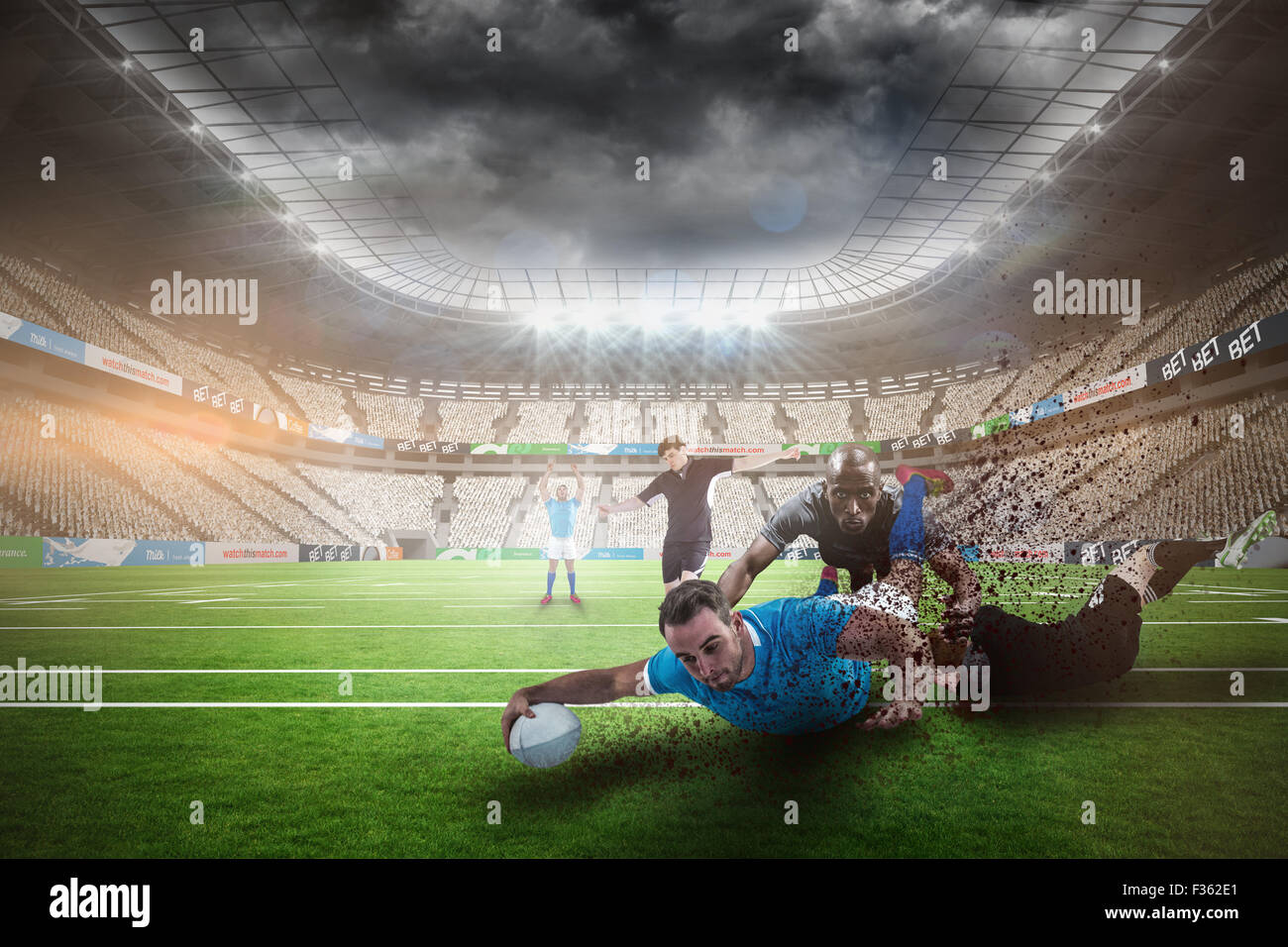 Imagen compuesta de jugador de rugby haciendo un drop kick Foto de stock