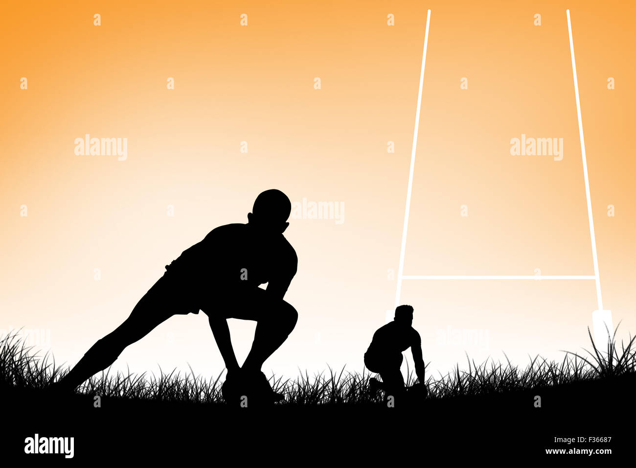 Imagen compuesta de jugador de rugby preparándose a patear el balón Foto de stock