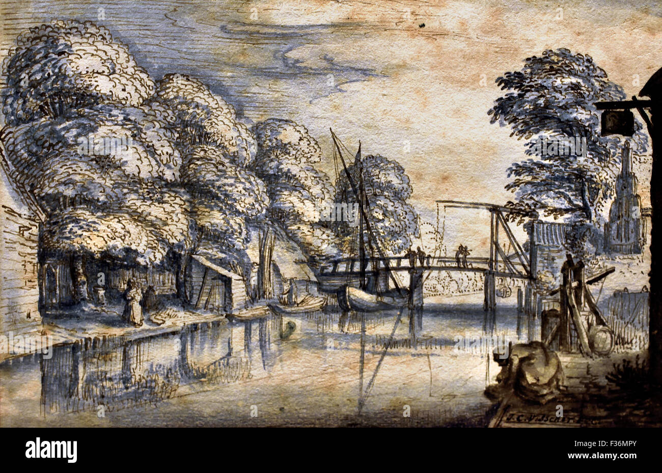 Canal con un puente levadizo y embarcaciones cerca de la ciudad de 1615 Claes Jansz Visscher 1586 - 1652 Holanda Holandesa Foto de stock