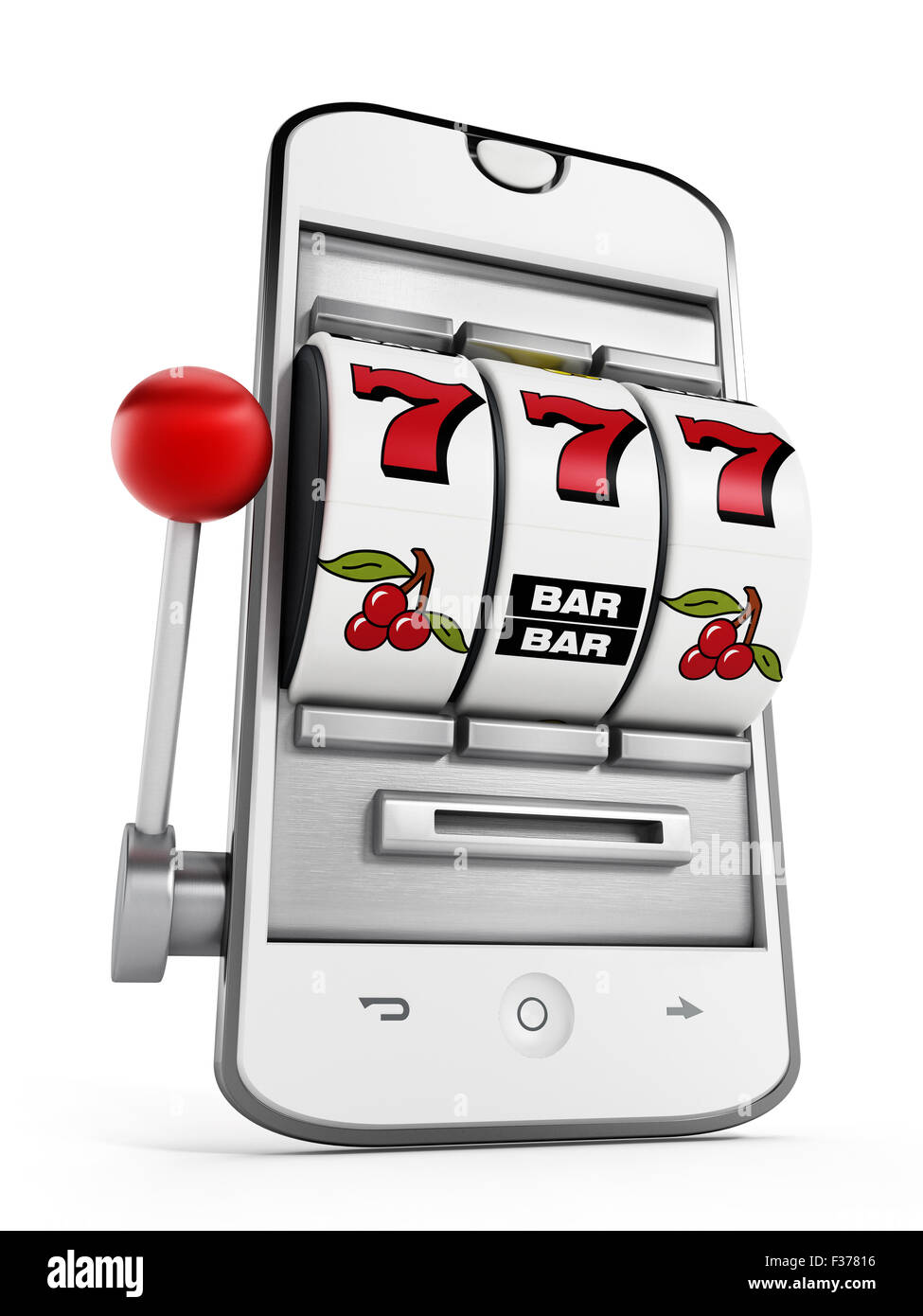 Máquina de juego jackpot apuntando en la pantalla del smartphone. Foto de stock