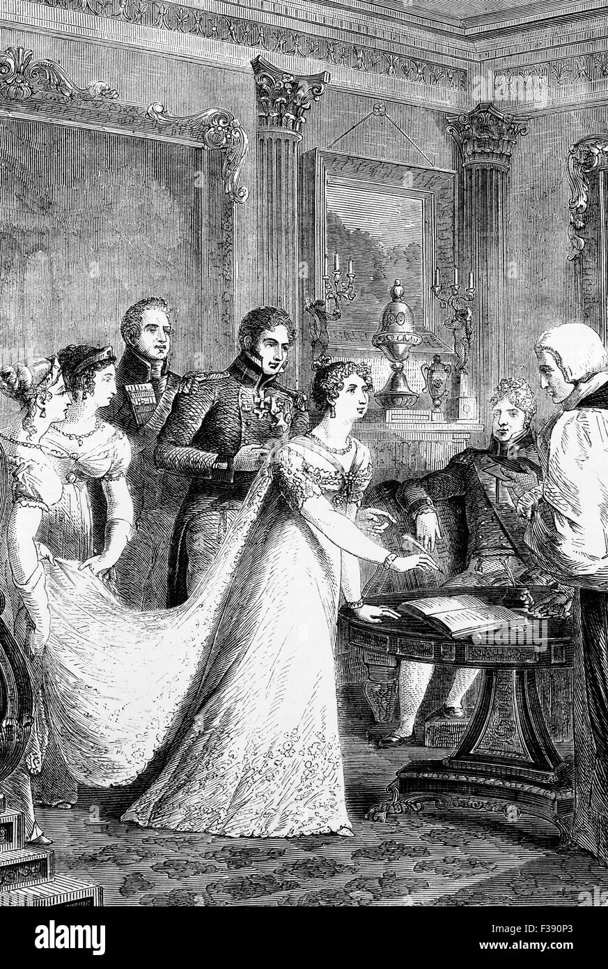 El matrimonio de la Princesa Charlotte de Gales y el Príncipe Leopoldo de Sajonia-Coburgo en el Salón carmesí en Carlton House en Londres el 2 de mayo de 1816. Foto de stock