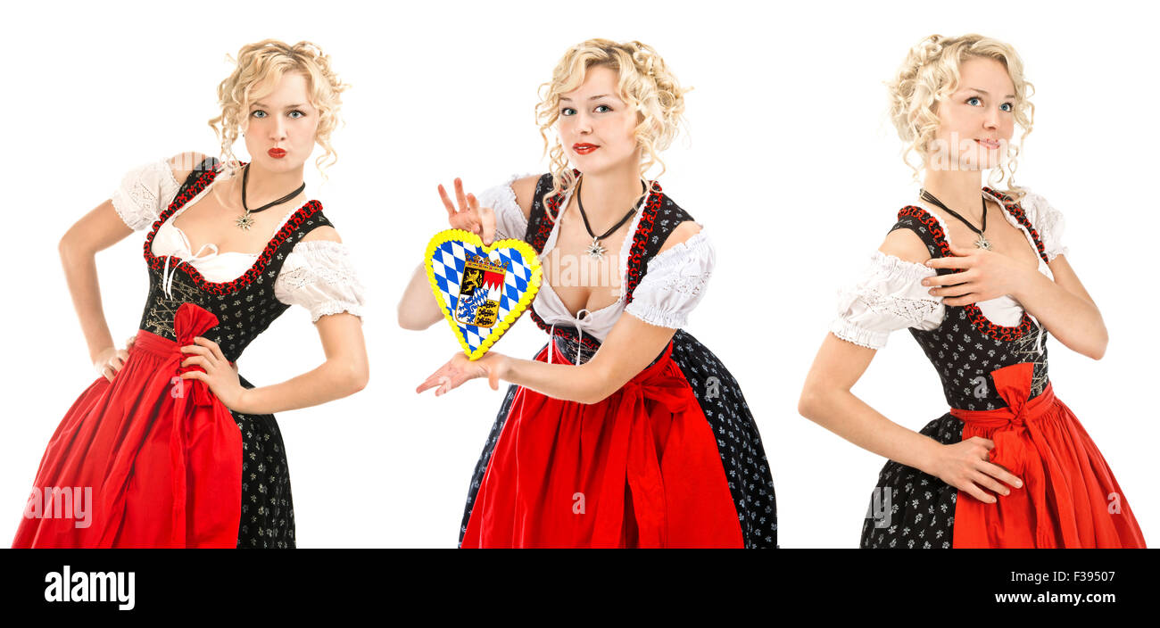 Mujer de Baviera alemana con el traje típico dirndl sobre fondo blanco.  Concepto de Oktoberfest Fotografía de stock - Alamy