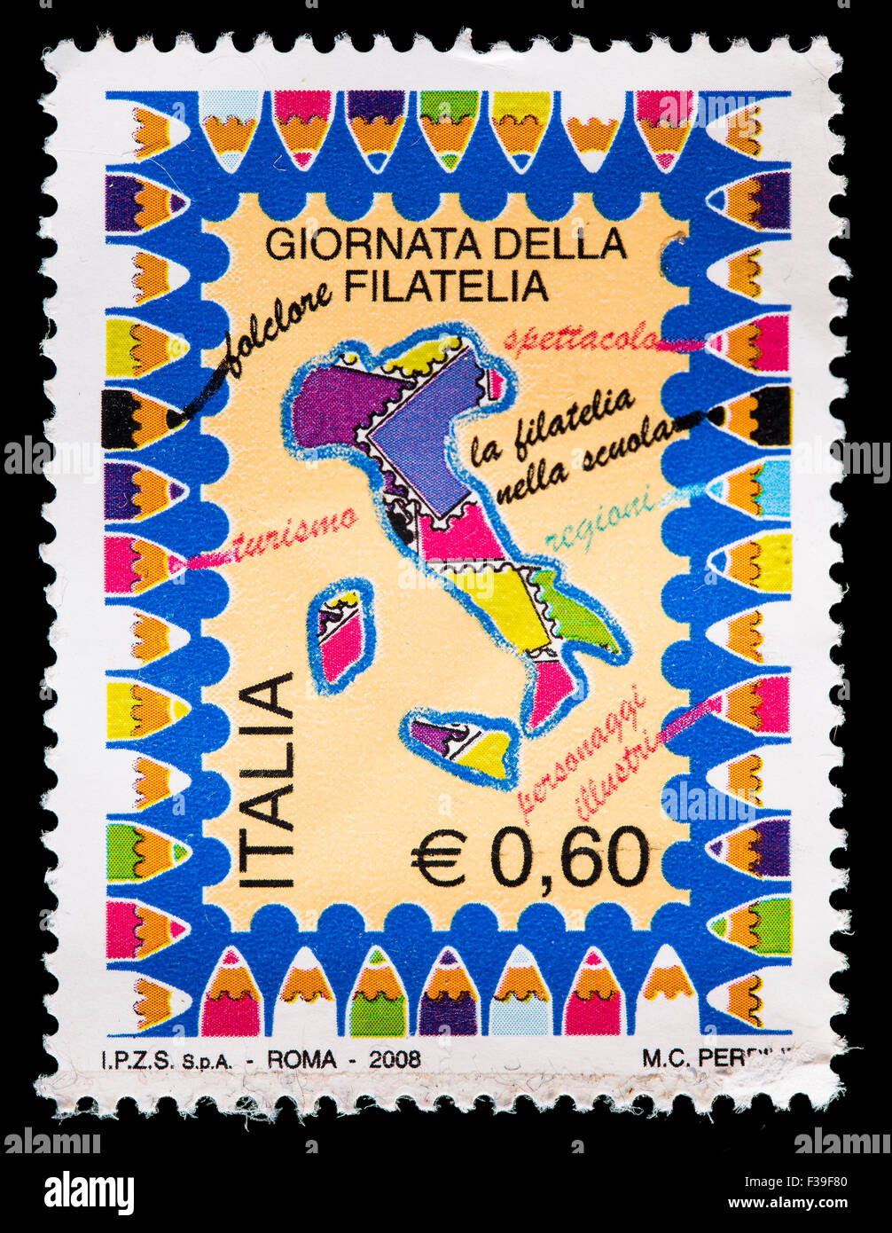 Italia: circa 2008: un sello impreso en Italia muestra la península italiana, expedido para el día de la filatelia, circa 200 Foto de stock