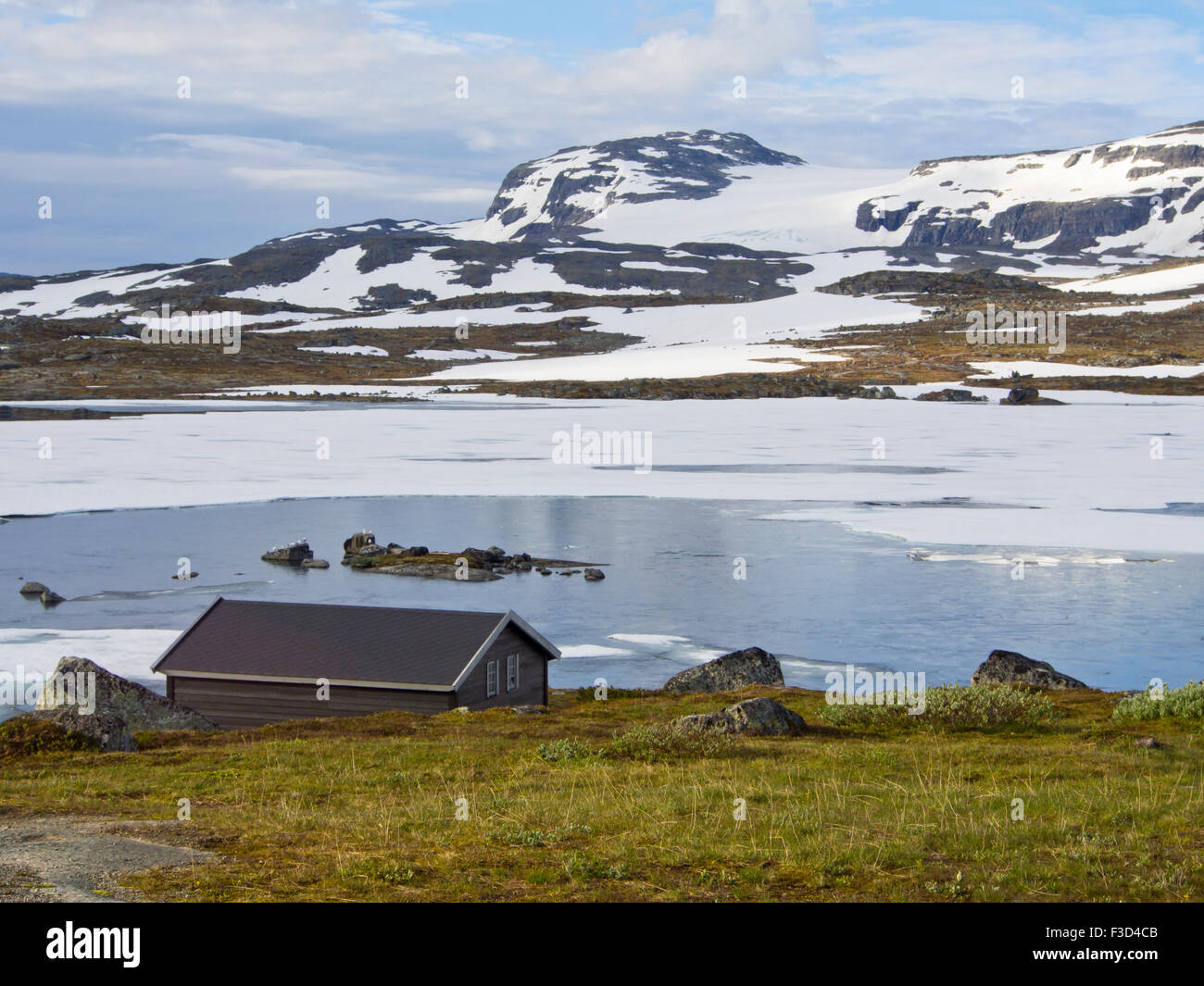 Vista panorámica de las montañas noruegas, cabaña, Lago, parches de nieve y glaciares lejanos, Hardangervidda Finse, Noruega Foto de stock
