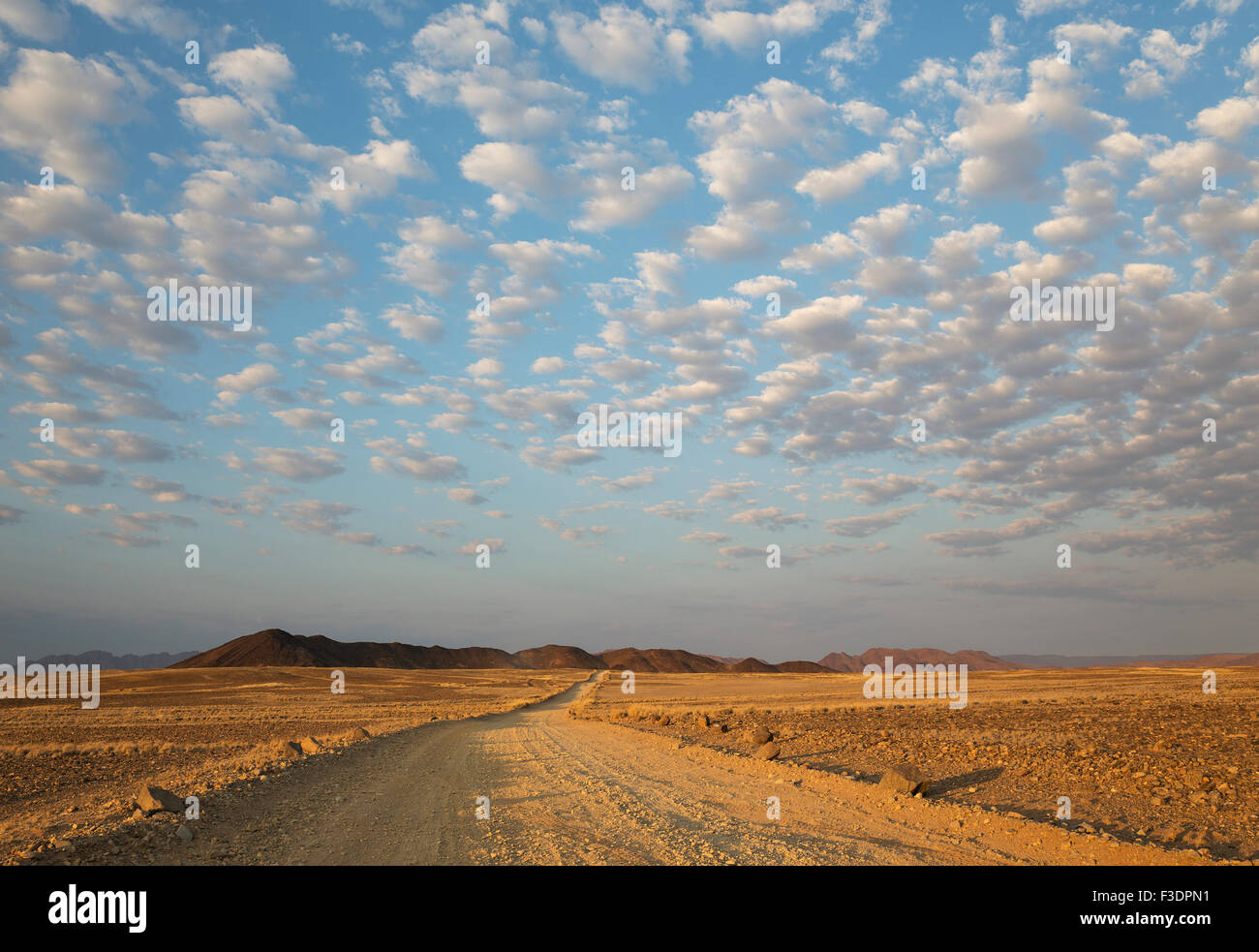 Camino de ripio en la árida llanura, cordilleras de montañas aisladas, esponjosas nubes en el borde del desierto de Namib, luz del atardecer Foto de stock