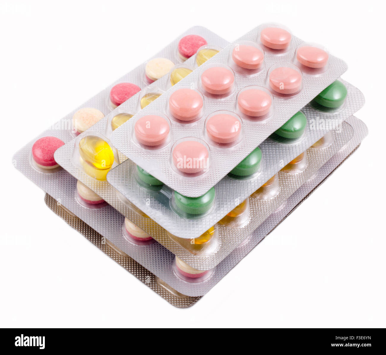 Paquete de píldoras aislado sobre fondo blanco. Foto de stock