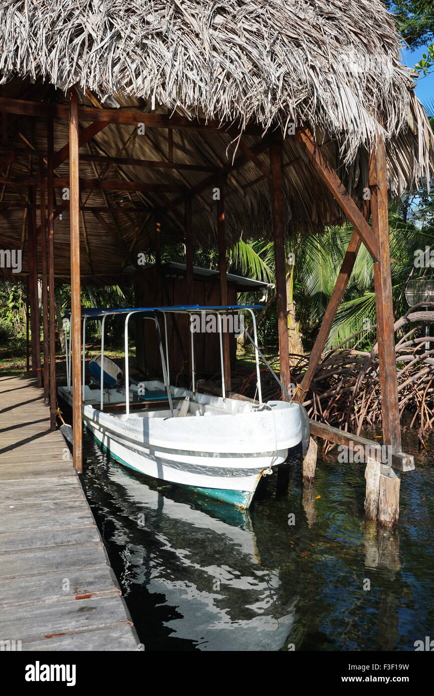 Un cobertizo con techo de palma de paja y el barco en el muelle, América Central, Panamá Foto de stock