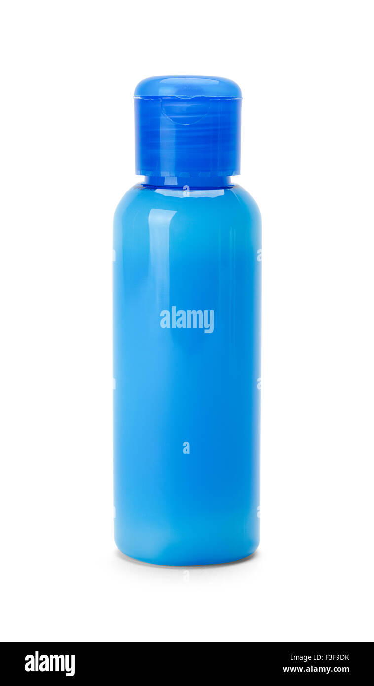 Botella Azul lleno de jabón aislado sobre fondo blanco. Foto de stock