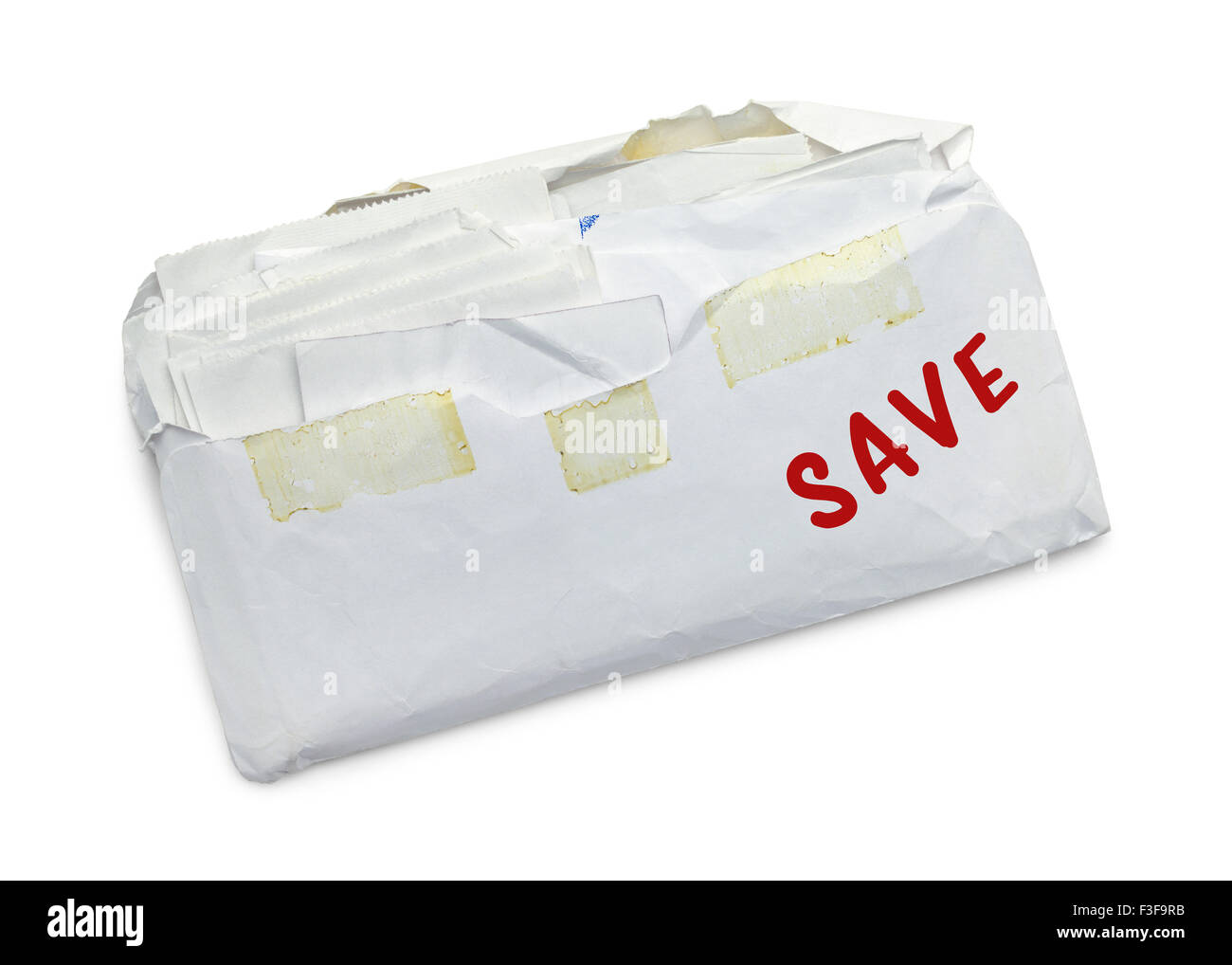 Llena de recibos de sobres para guardar aislado sobre fondo blanco. Foto de stock