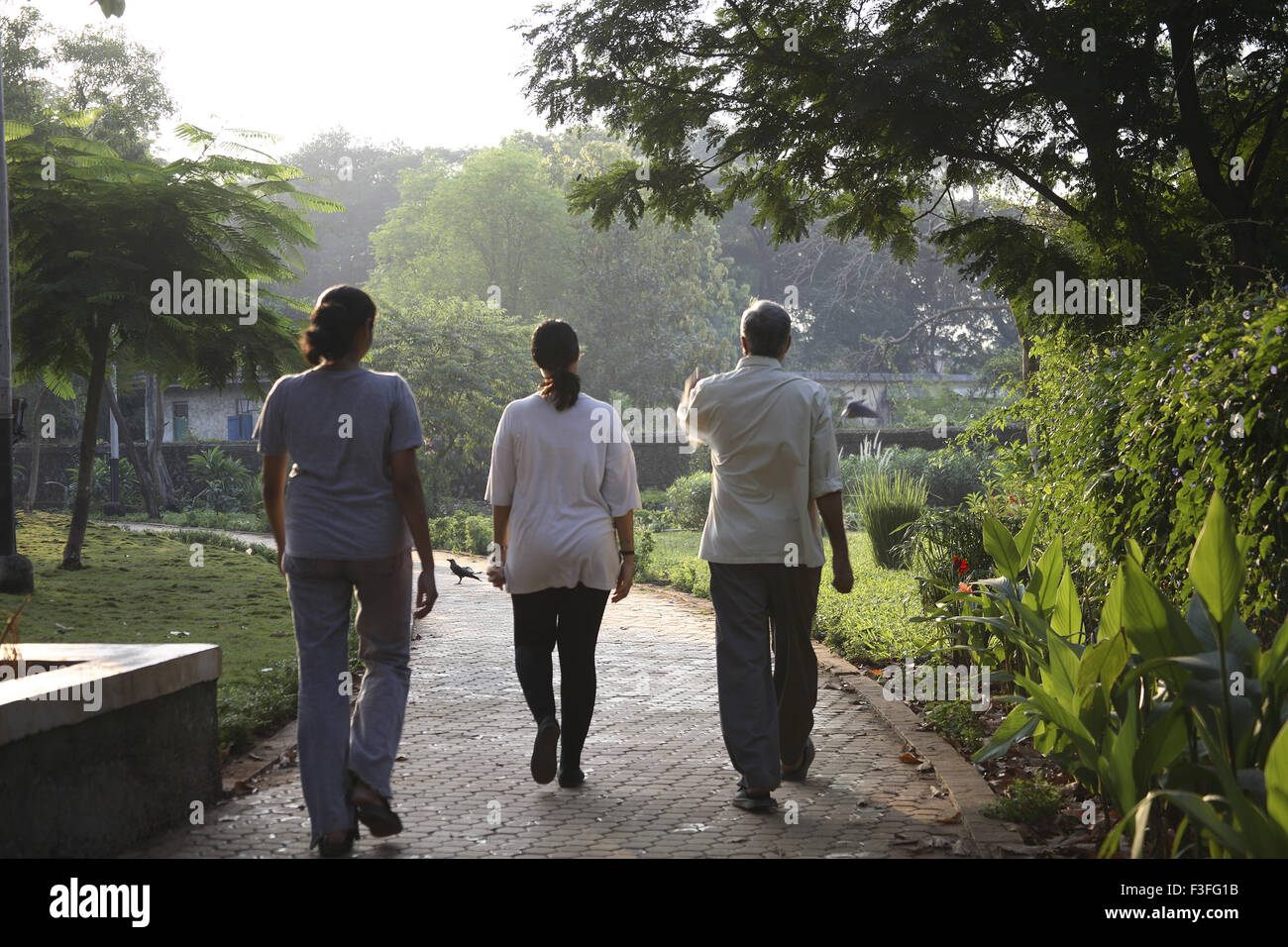 Footing ; personas tomando caminata de la mañana ; una pista de caminata en Bara Bangla área Thane ; ; ; Maharashtra India No, señor Foto de stock