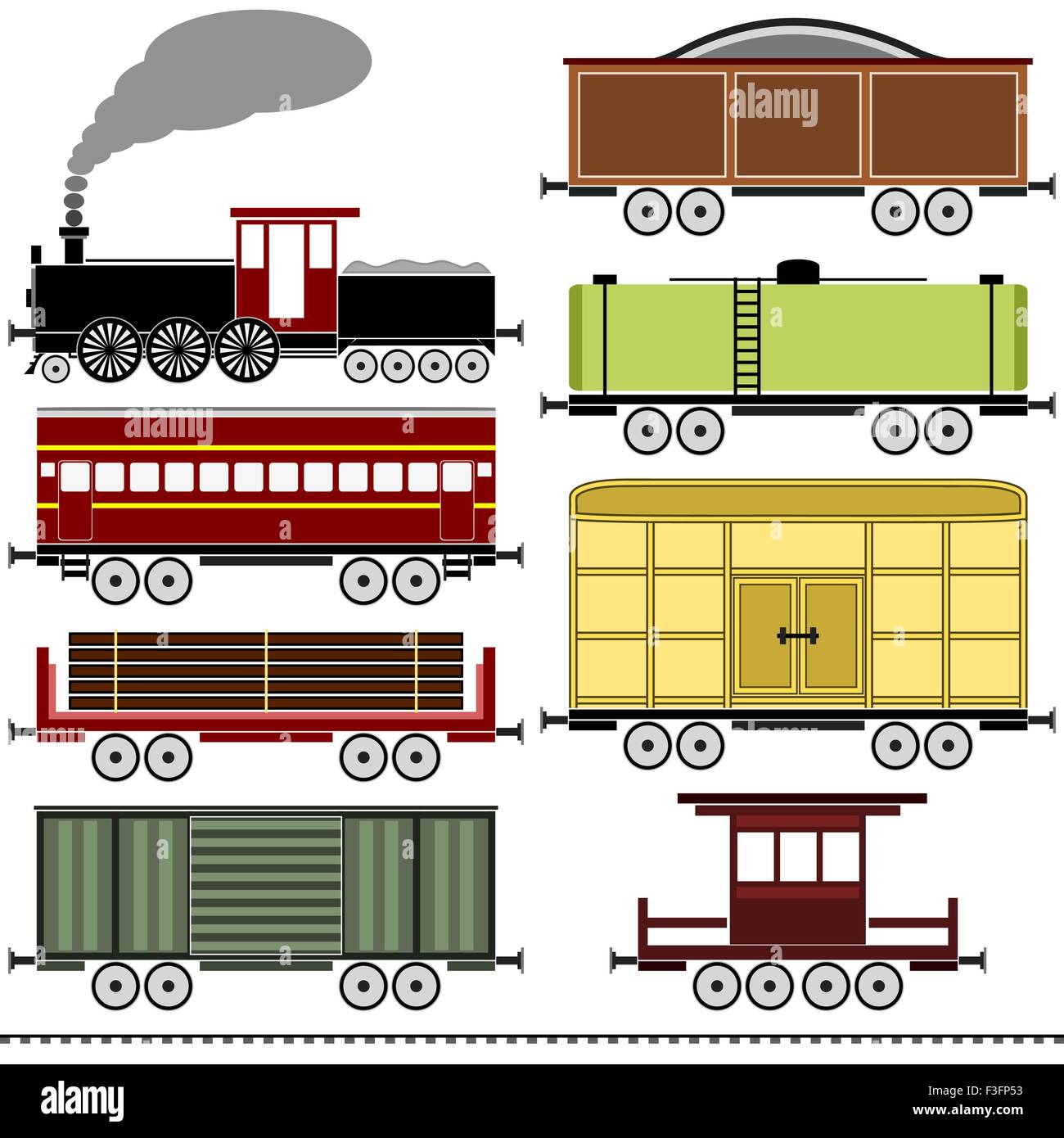 Una locomotora de vapor vintage set con una variedad de vagones, un autobús  de pasajeros, un vagón de cola y un conjunto de vías de ferrocarril Imagen  Vector de stock - Alamy
