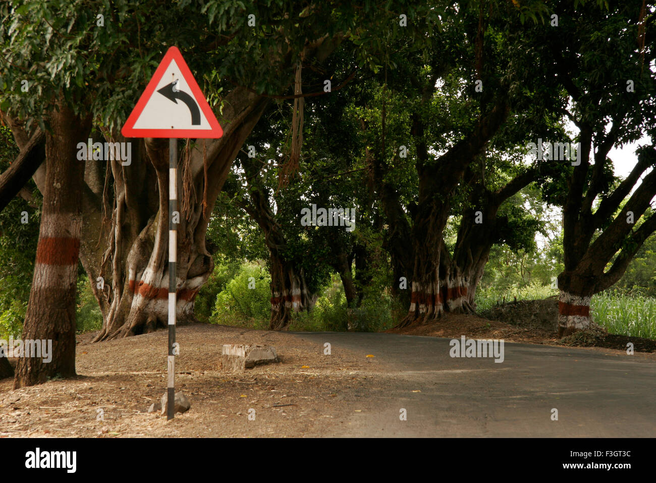 Señal de carretera que indica la izquierda en el camino de la WAI; Maharashtra, India Foto de stock