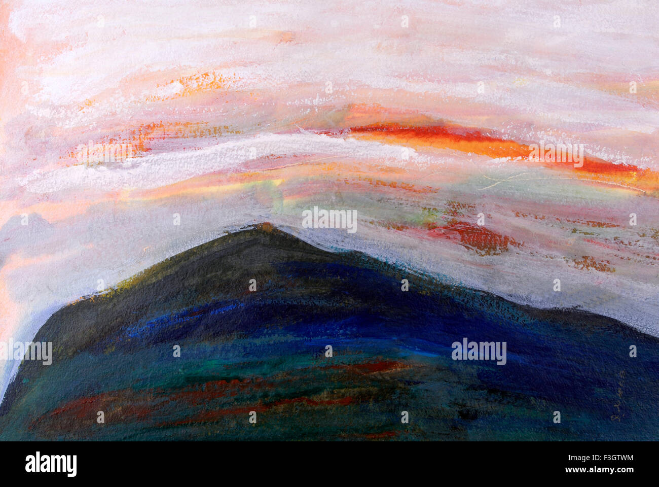 Impresión de un amanecer en las montañas colores acrílicos sobre papel hecho a mano Foto de stock