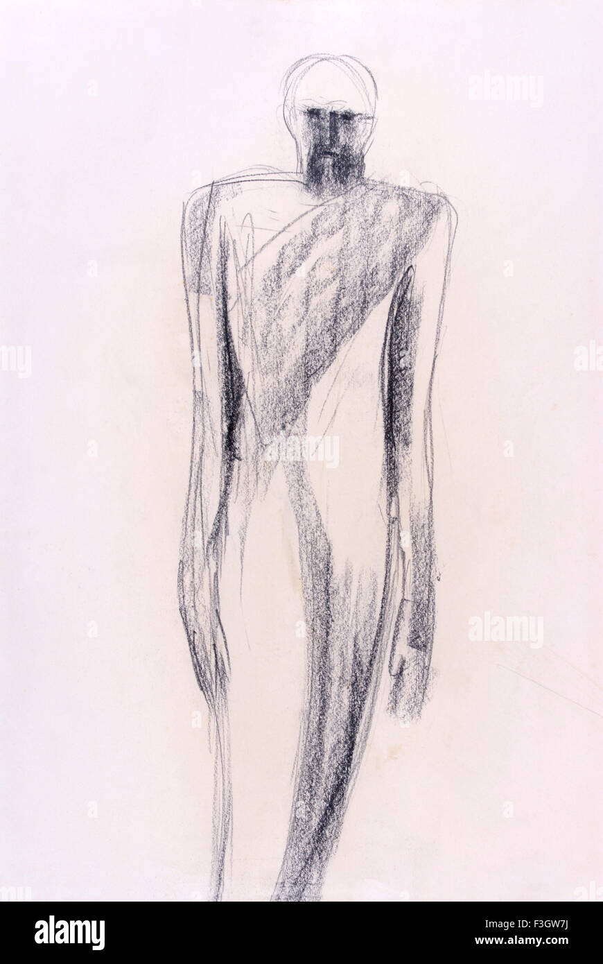 El carbón de leña de dibujo de un hombre barbado en papel Foto de stock