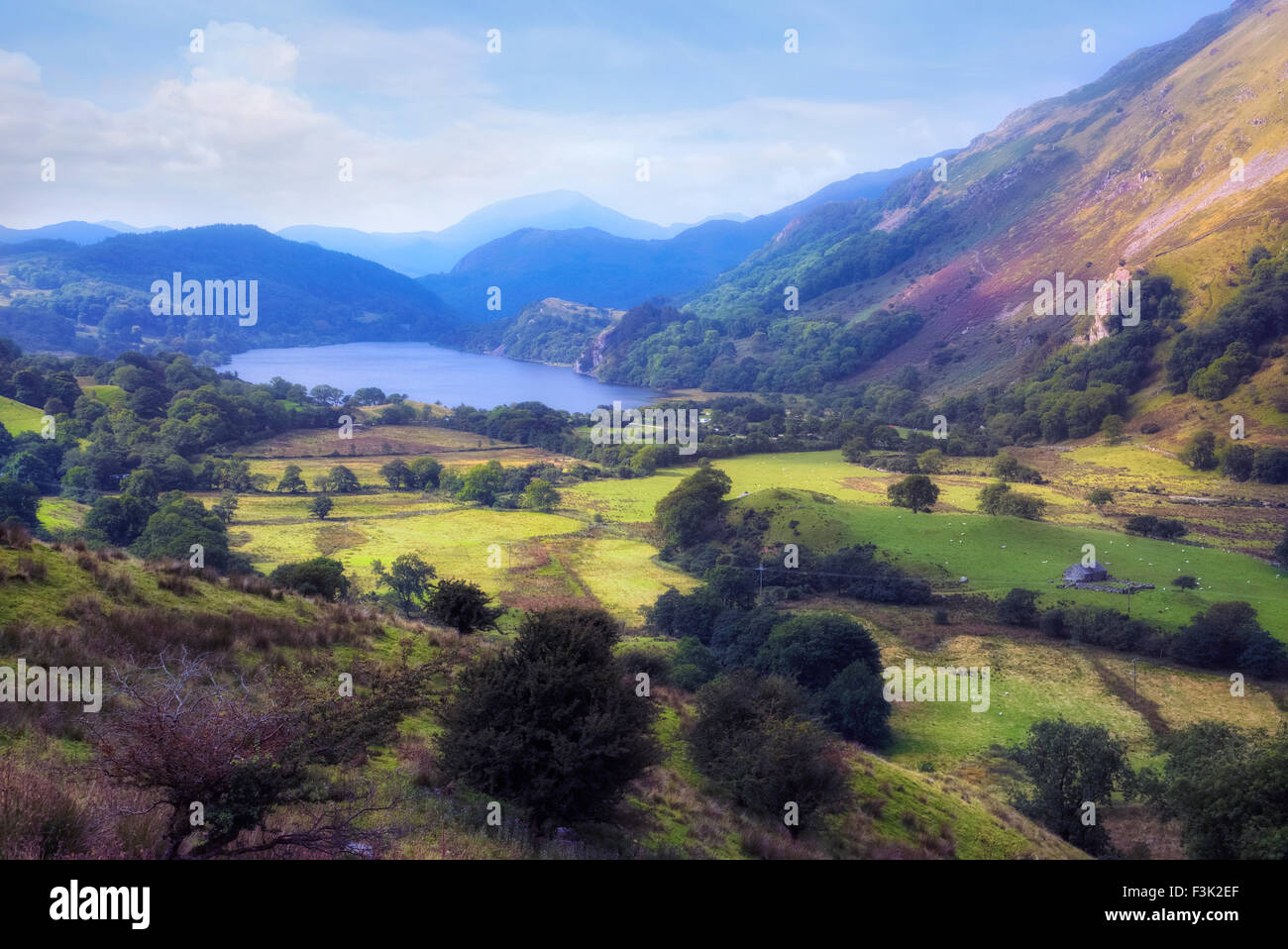 Llyn Gwynant, Nant Gwynant valle, Snowdonia, Gales, Reino Unido Foto de stock
